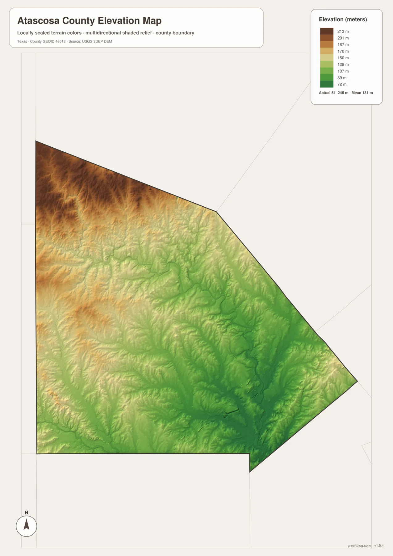 Atascosa County elevation map showing a 51 to 245 meter range, higher northwest ground, and lower central and southeastern terrain