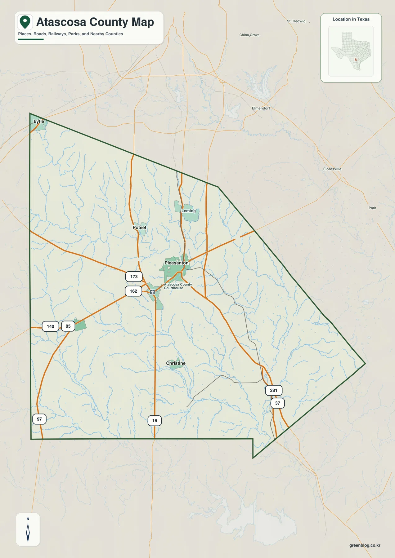 Atascosa County map showing Jourdanton, Pleasanton, Poteet, Lytle, major roads, streams, and the county boundary