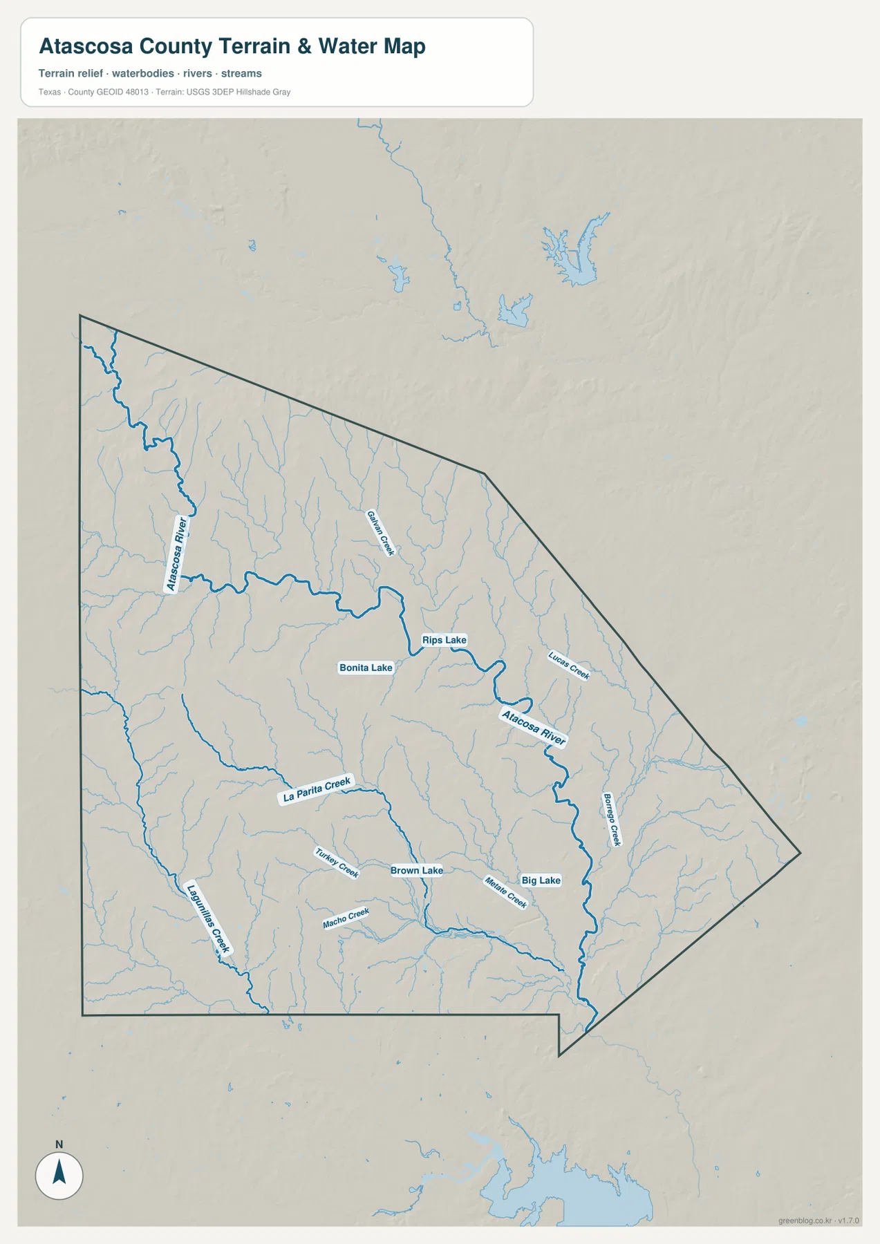 Atascosa County water map showing the Atascosa River, Galvan Creek, Lucas Creek, La Parita Creek, and mapped lakes