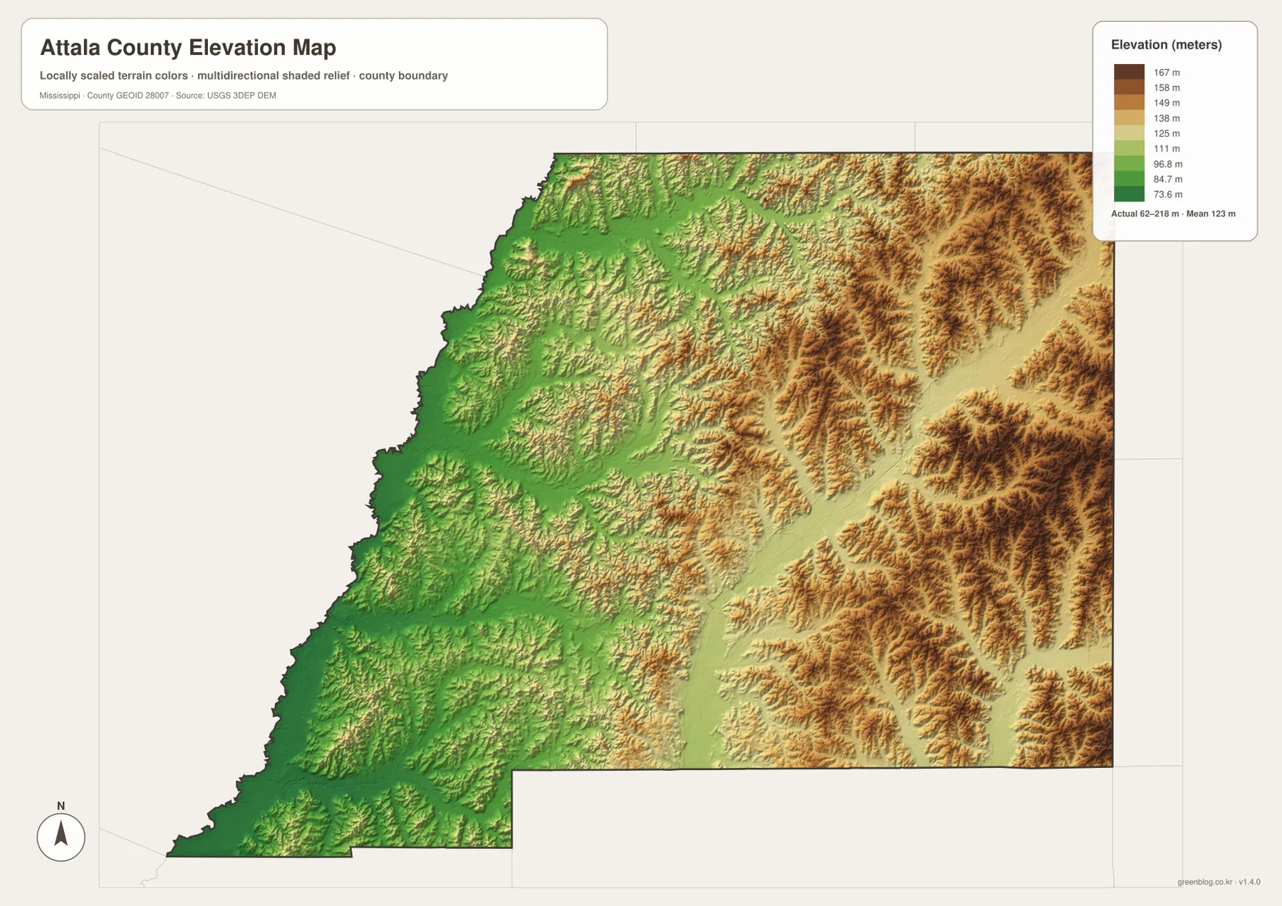Attala County elevation map showing a 62 to 218 meter range, lower western terrain, and higher eastern hills