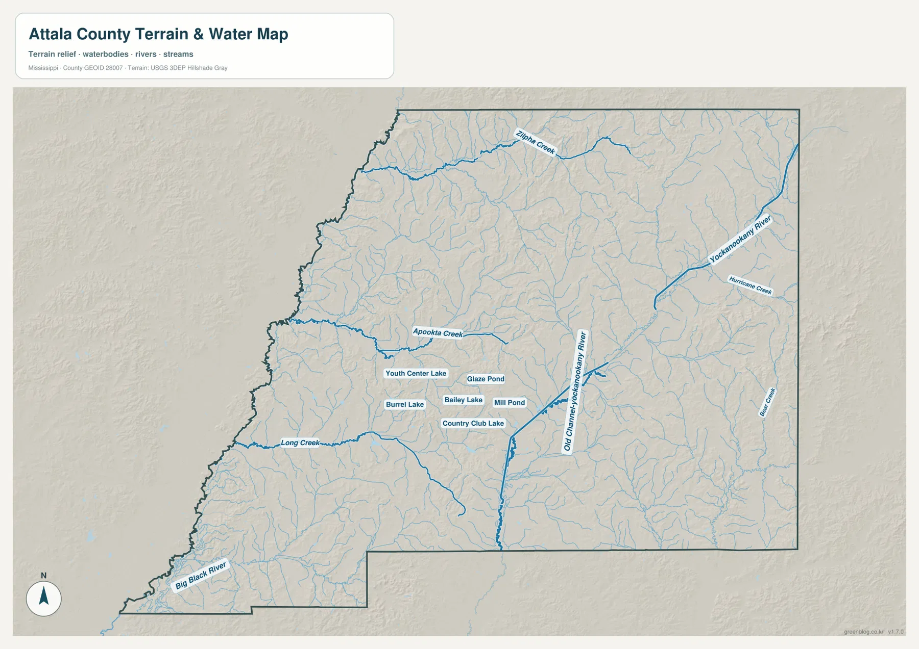 Attala County terrain and water map showing the Yockanookany River, Big Black River, Zilpha Creek, Apooka Creek, and other waterways