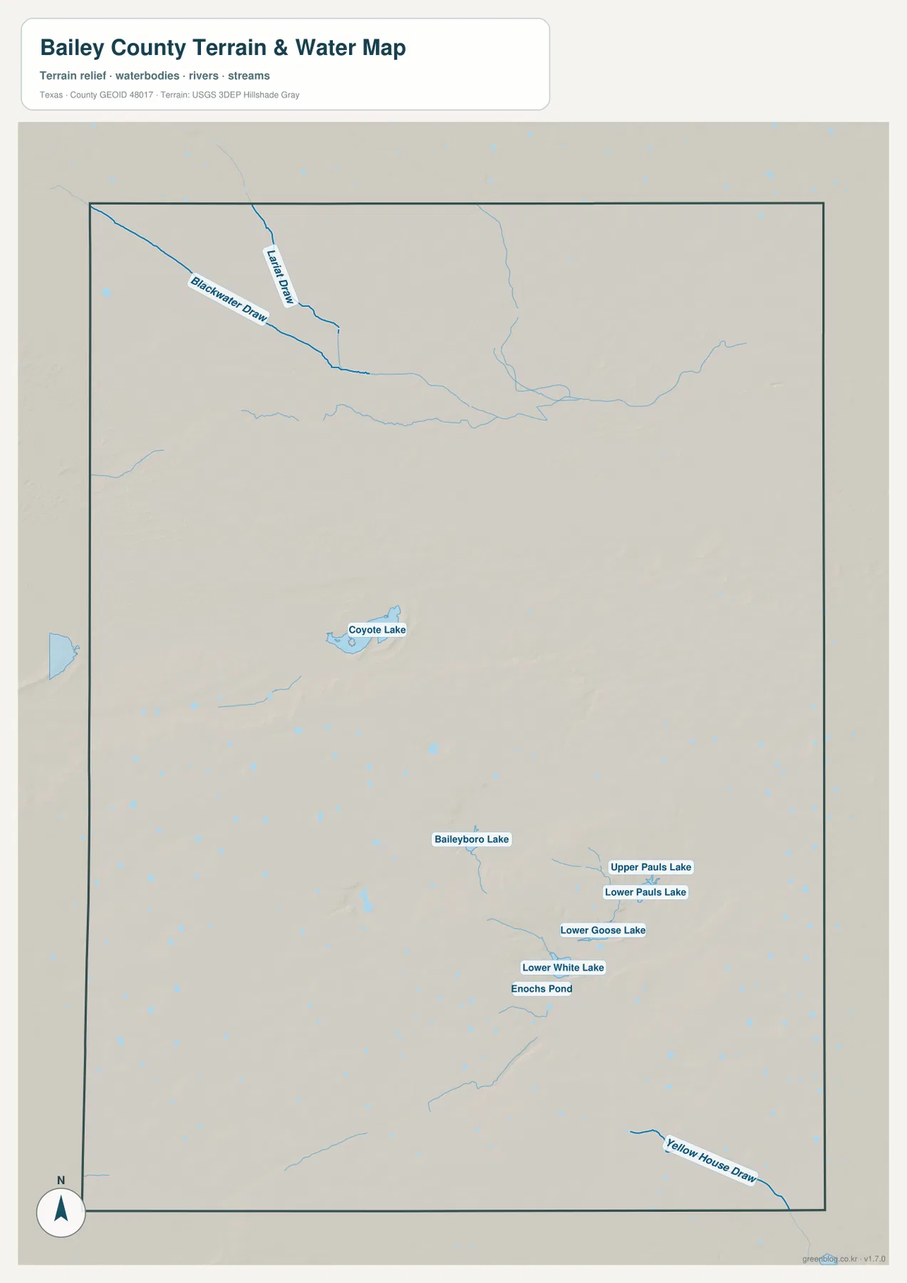 Blackwater Draw, Coyote Lake, Pauls Lake, White Lake, Goose Lake, Enochs Pond와 Yellow House Draw가 표시된 베일리 카운티 수역 지도