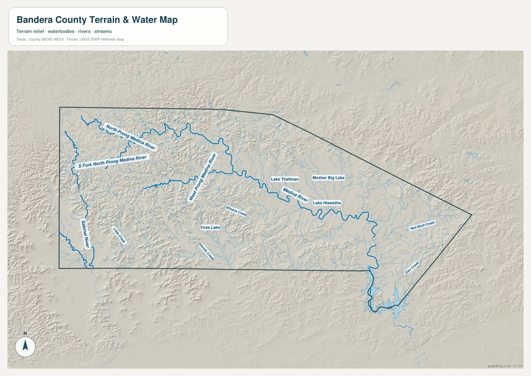 Medina River, North Prong와 West Prong, Sabinal River, Winans Creek, Hondo Creek, 여러 호수가 표시된 밴데라 카운티 수역 지도