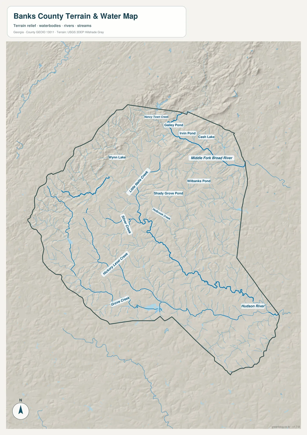 뱅크스 카운티 수역 지도에서 Middle Fork Broad River, Hudson River, Grove Creek과 여러 지류를 표시한 모습