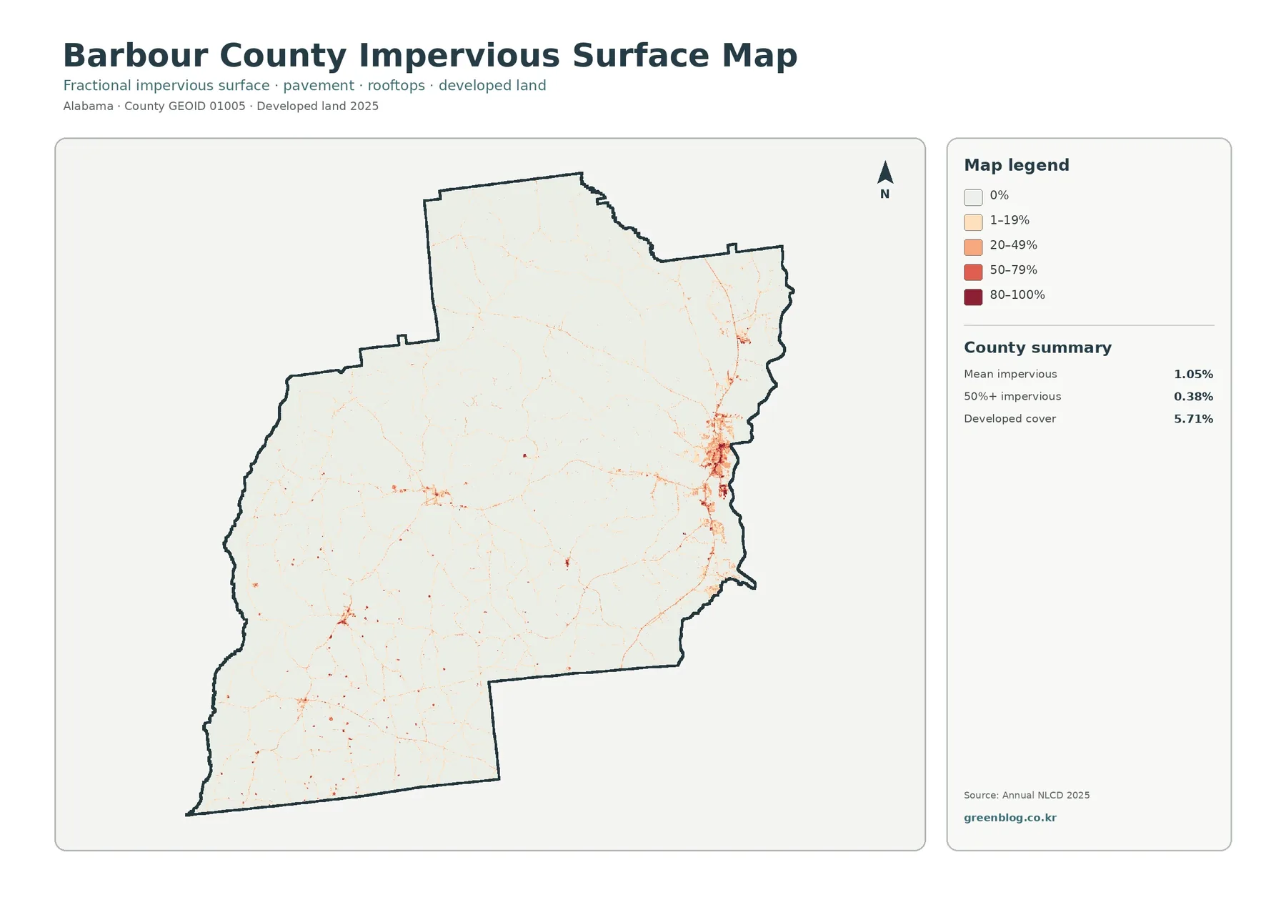 Barbour County impervious surface and developed land map