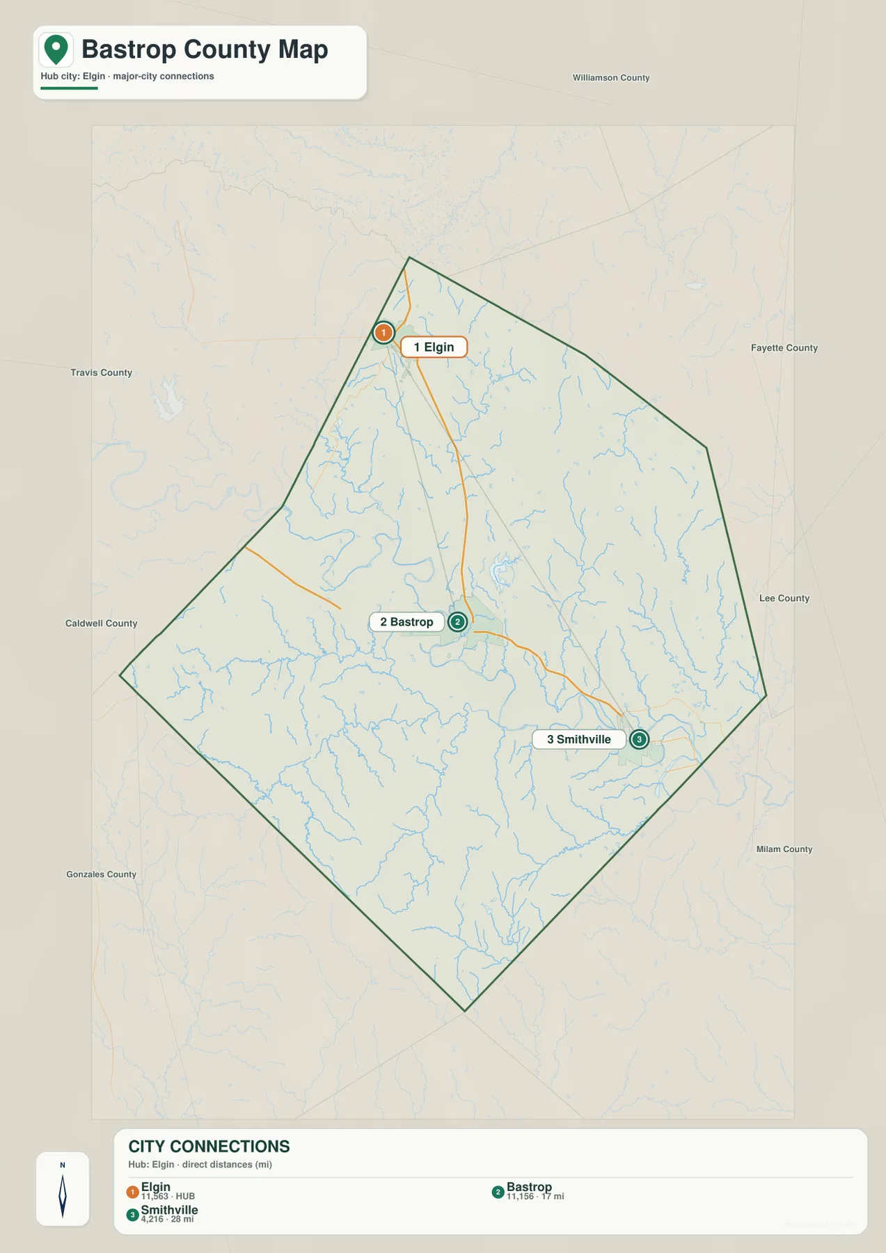 Elgin, Bastrop, Smithville의 상대 위치와 주변 카운티 이름을 표시한 배스트럽 카운티 도시 지도