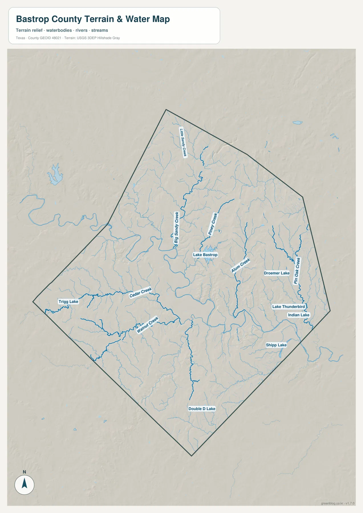 Lake Bastrop, Big Sandy Creek, Piney Creek, Cedar Creek, Walnut Creek과 여러 호수가 표시된 배스트럽 카운티 수역 지도