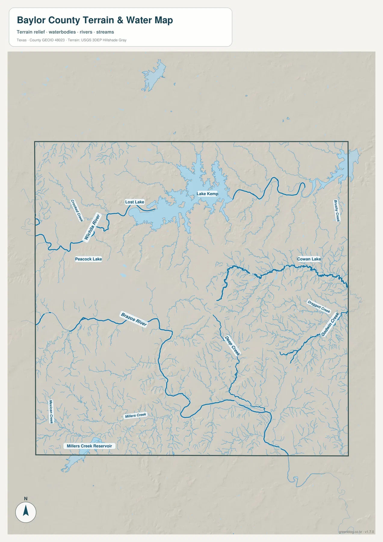 Lake Kemp, Wichita River, Brazos River와 주요 지류를 표시한 베일러 카운티 수역 및 지형 지도