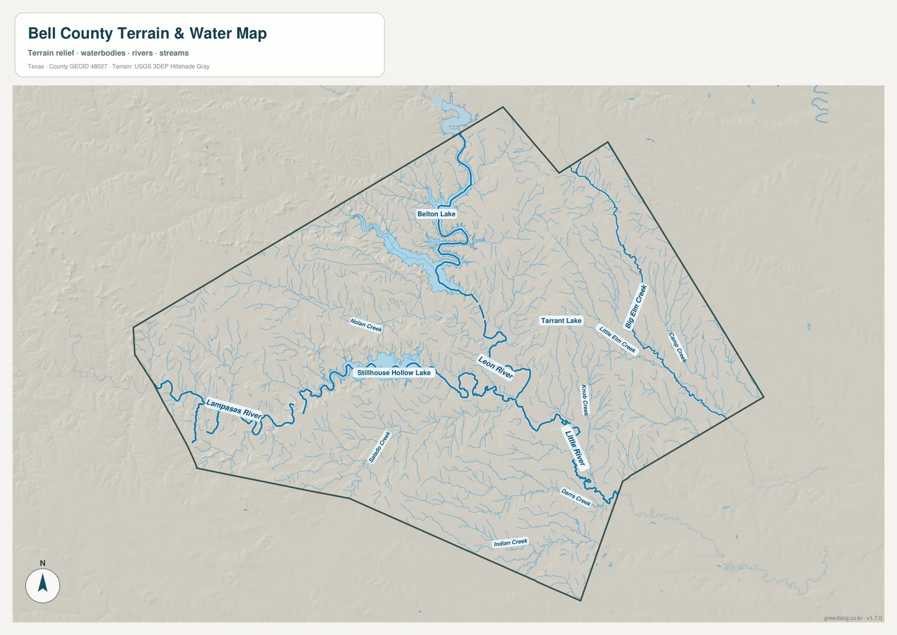 Belton Lake, Stillhouse Hollow Lake, Leon River, Lampasas River와 여러 creek가 표시된 벨 카운티 수역·지형 지도