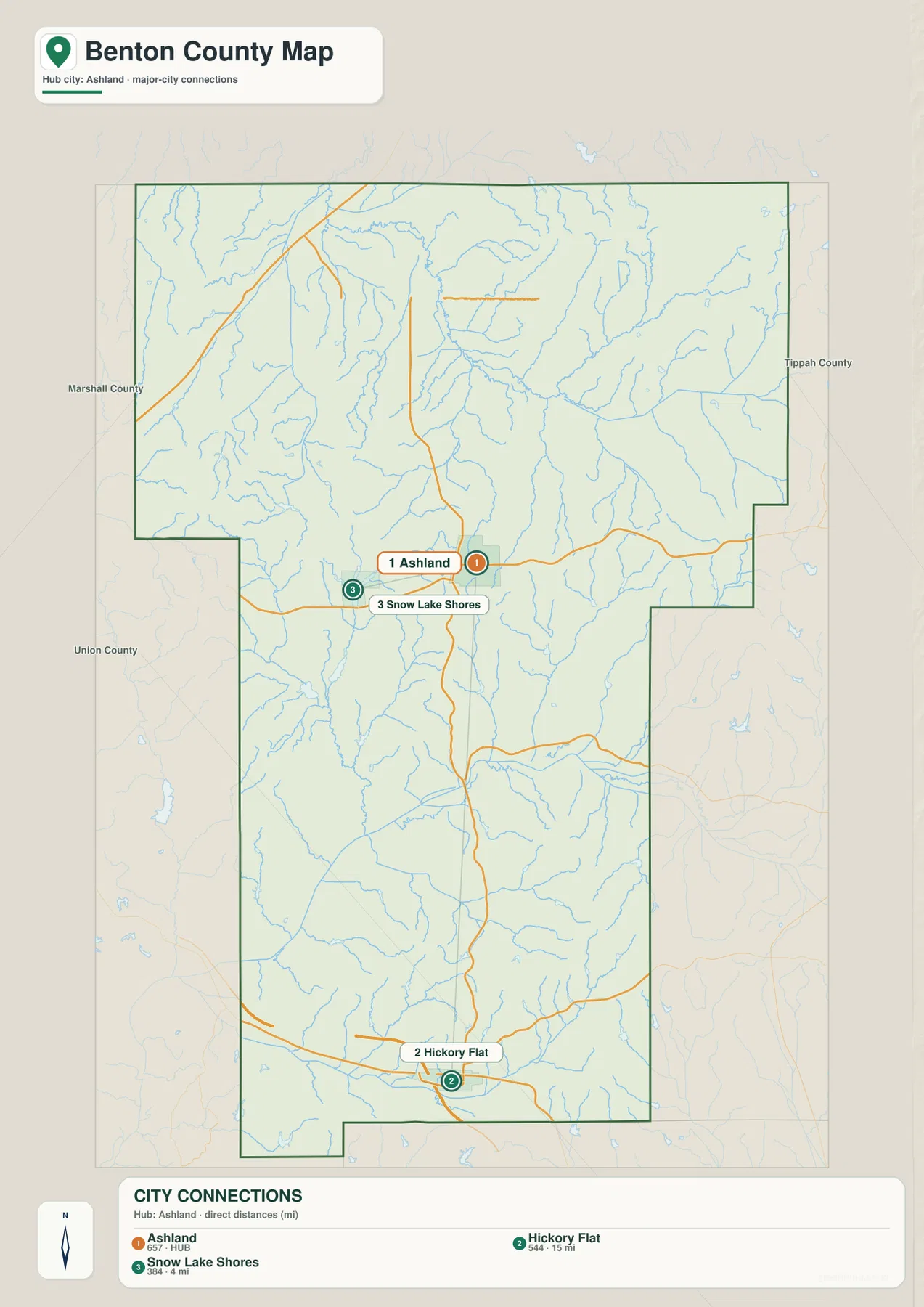 Benton County Mississippi city map showing Ashland, Hickory Flat, and Snow Lake Shores