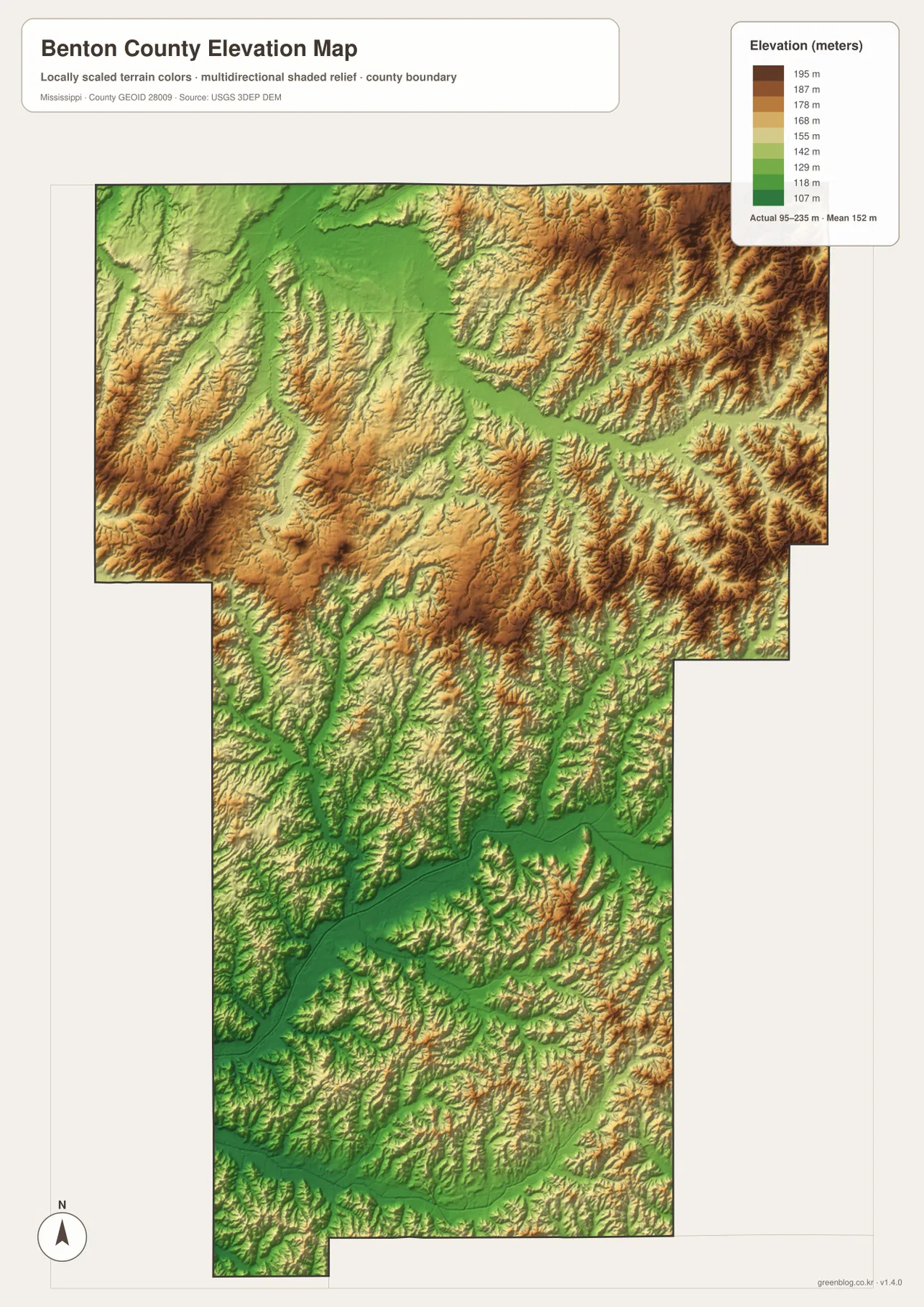 Benton County Mississippi elevation map showing terrain from about 95 to 235 meters