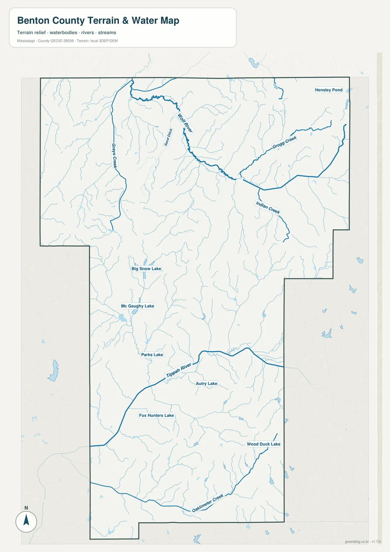 Benton County Mississippi terrain and water map showing Wolf River, Tippah River, creeks, and lakes