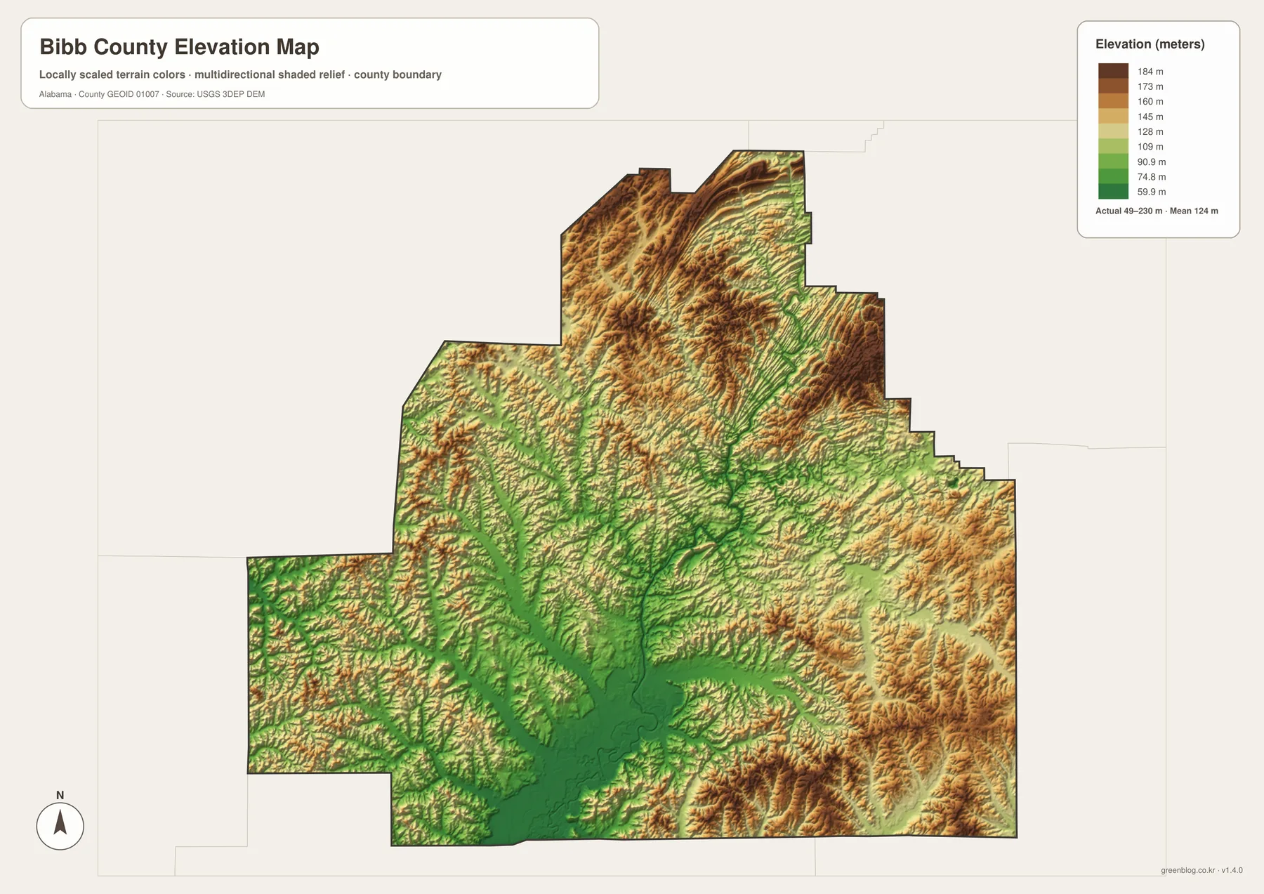Bibb County elevation map contrasting the low Cahaba River valley with northern and eastern wooded ridges