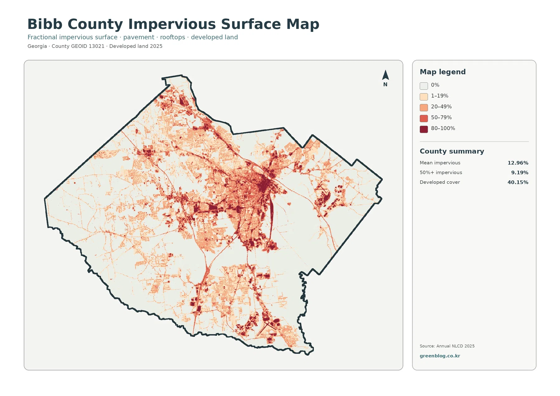 Bibb County impervious surface and developed land map