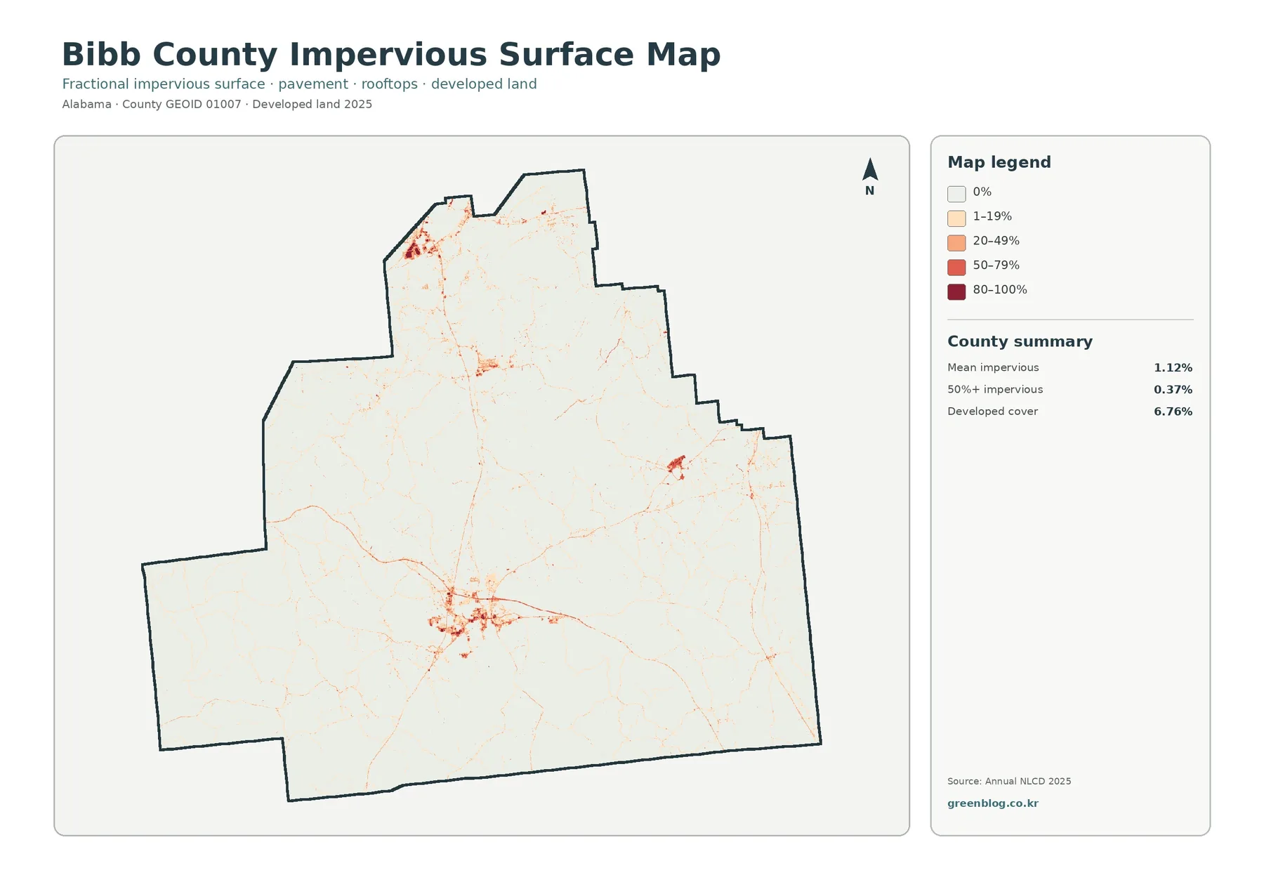 Bibb County impervious surface and developed land map