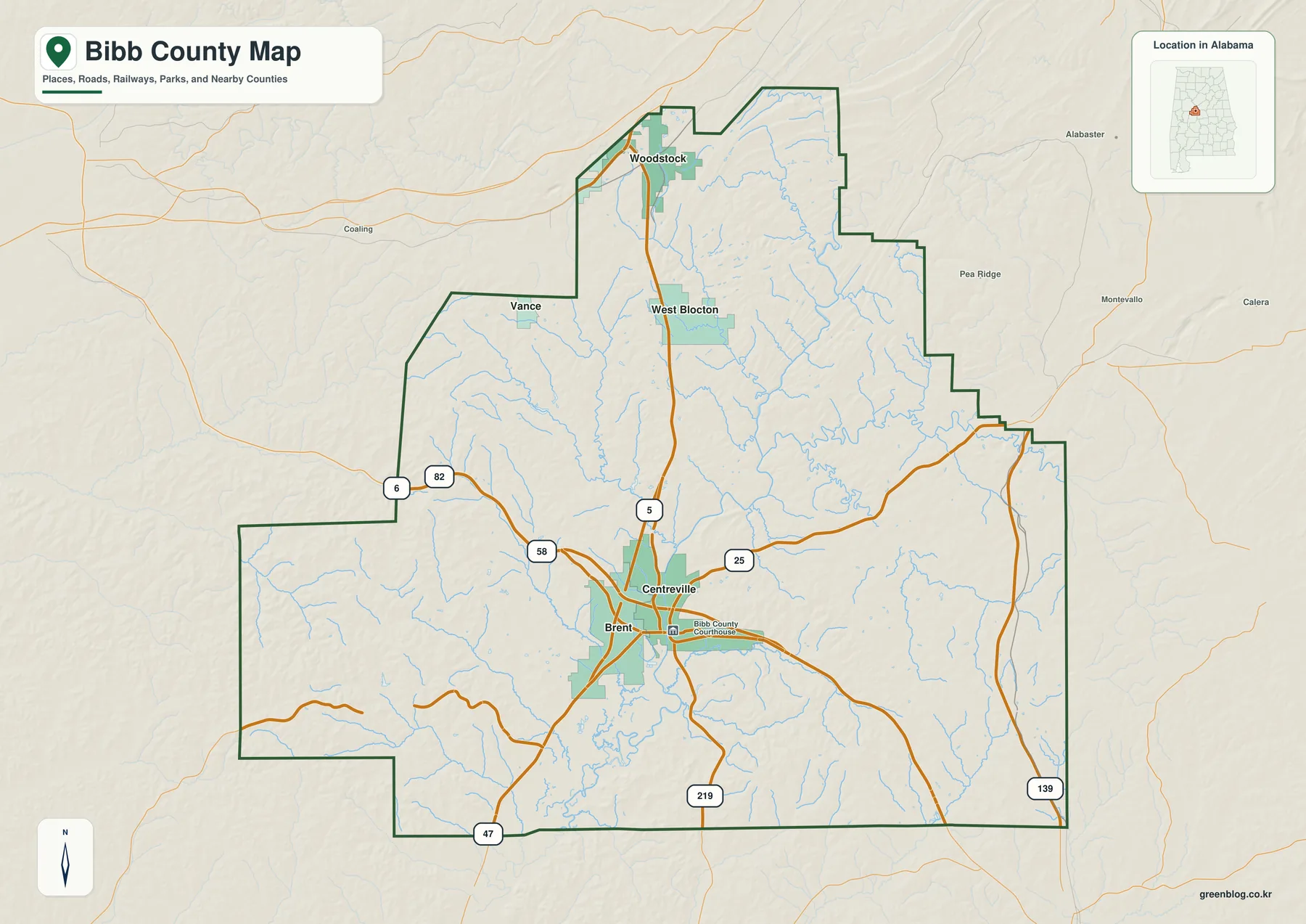 Bibb County reference map showing Centreville, Brent, West Blocton, Woodstock, principal roads, and nearby counties