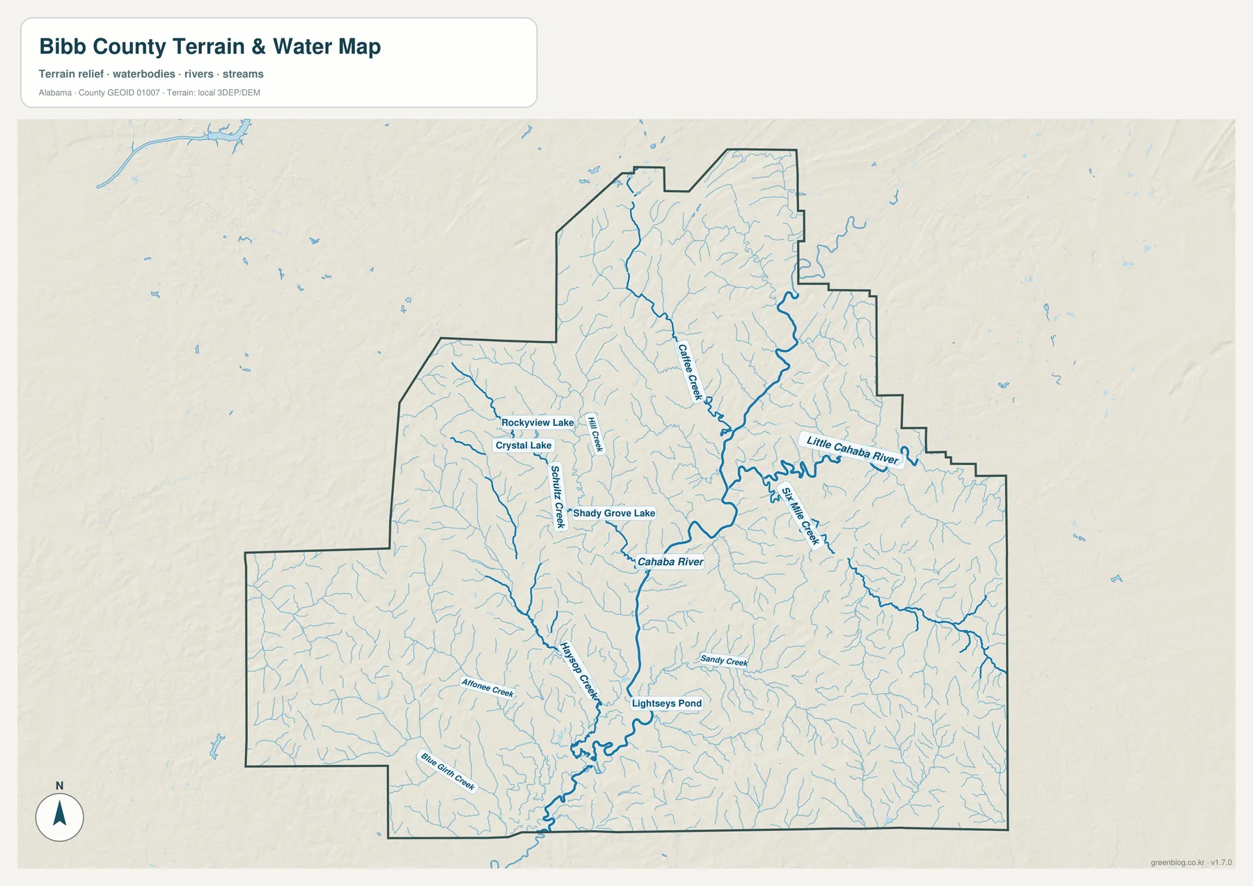 Bibb County water map labeling the Cahaba and Little Cahaba rivers, major creeks, lakes, and ponds