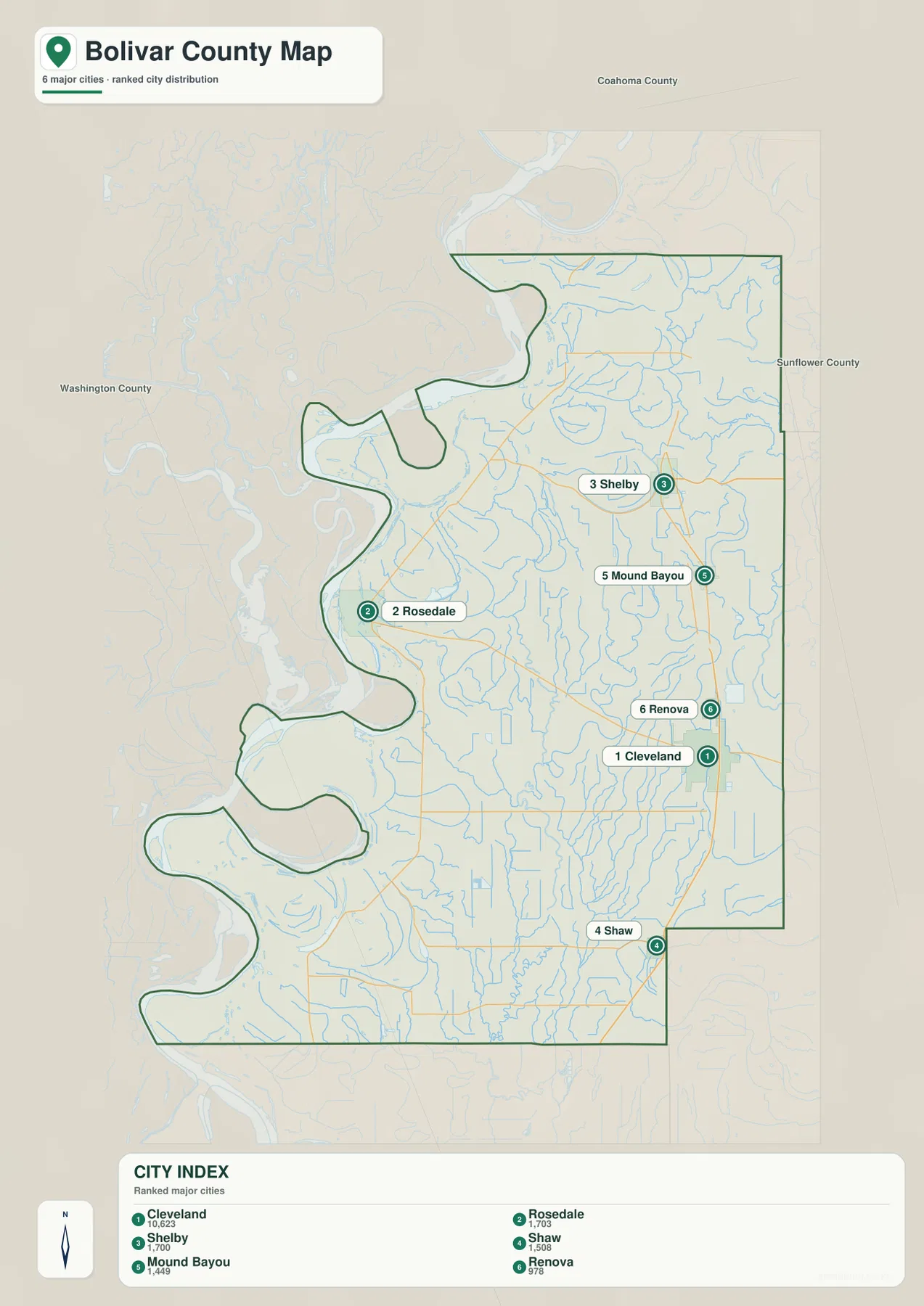 Bolivar County city map with ranked labels for Cleveland, Rosedale, Shelby, Shaw, Mound Bayou, and Renova