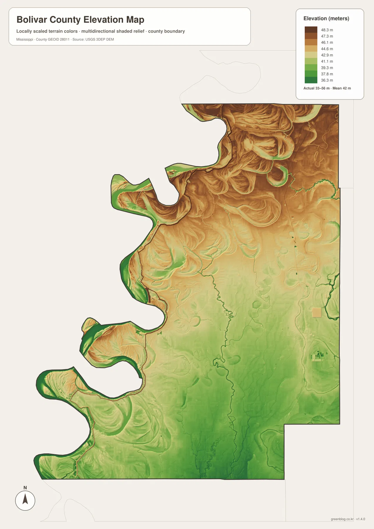 Bolivar County elevation map showing a local range of about 33 to 56 meters and a mean near 42 meters