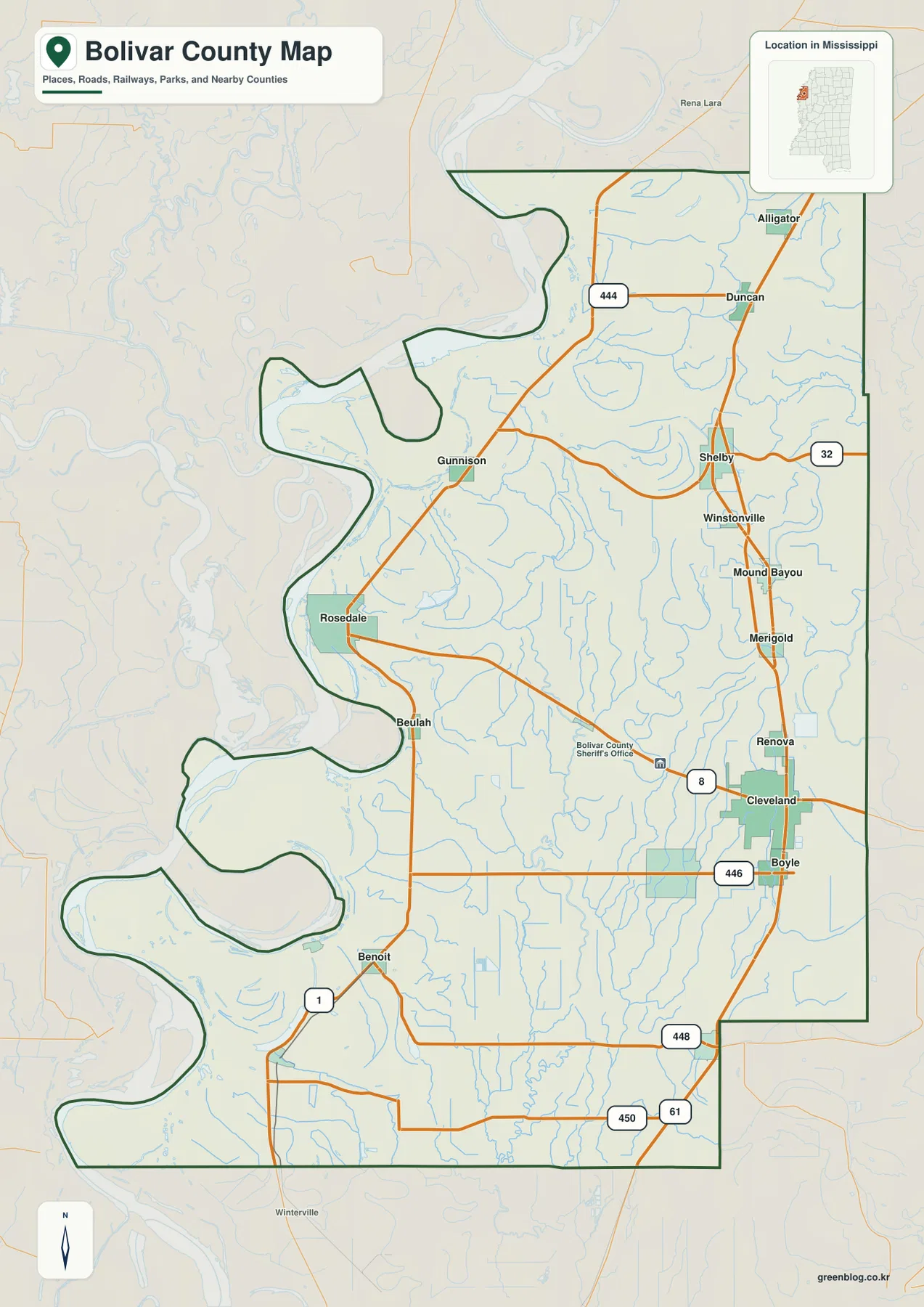 Bolivar County Mississippi map showing Cleveland, Rosedale, Shelby, Mound Bayou, roads, and the winding western boundary
