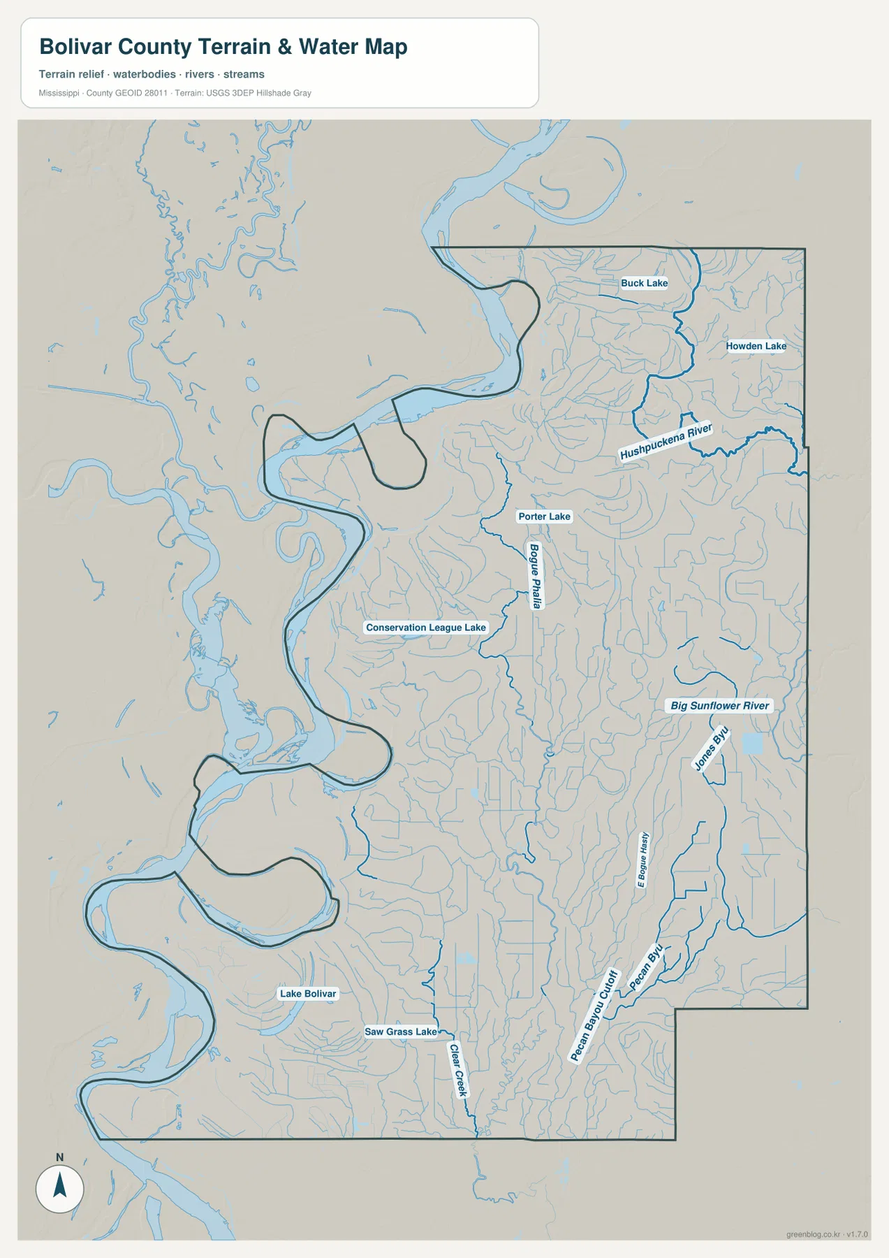 Bolivar County terrain and water map showing Hushpuckena River, Bogue Phalia, Big Sunflower River, lakes, and smaller channels