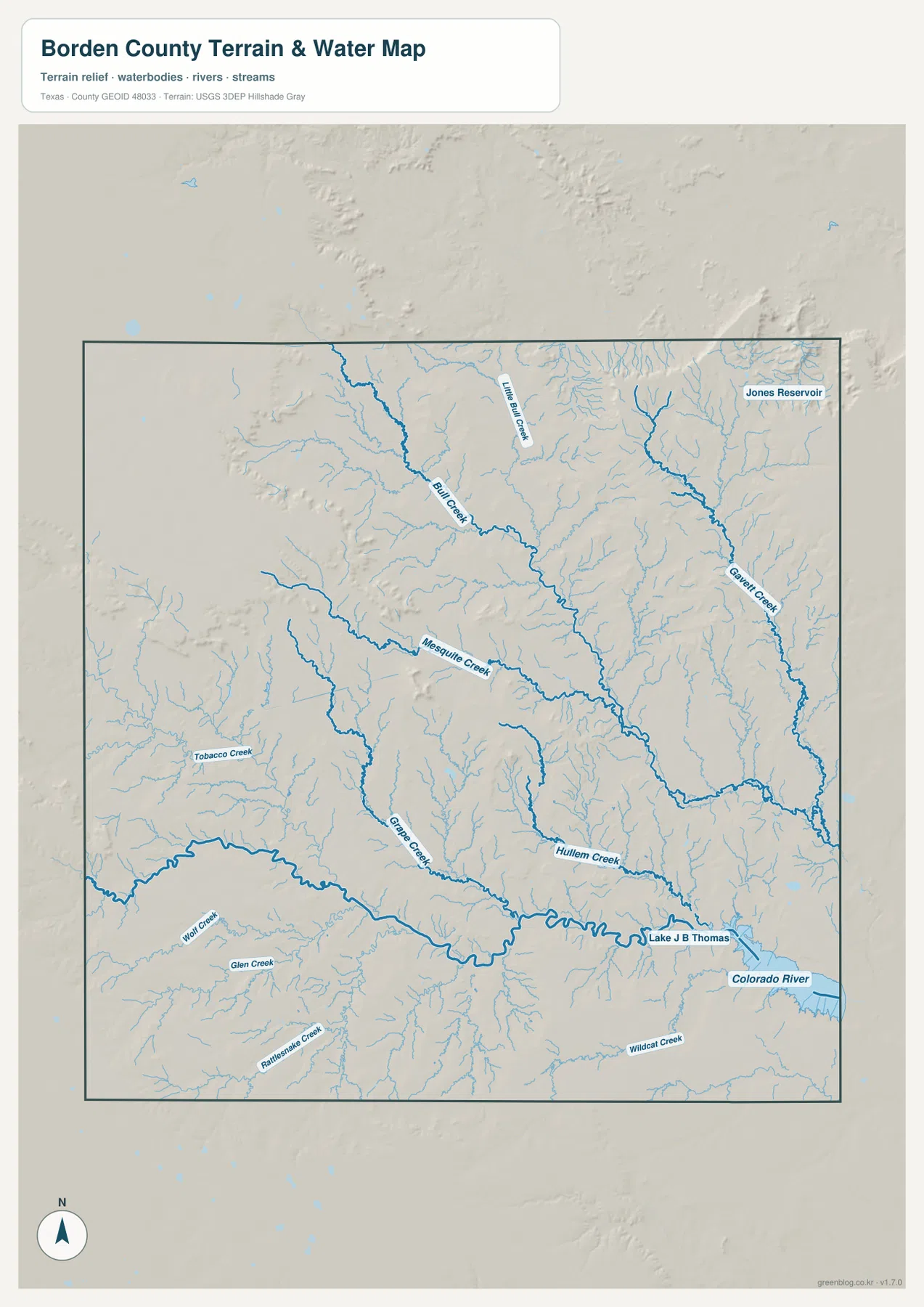 보든 카운티 수역 지도에 Bull Creek, Mesquite Creek와 여러 지류가 표시된 모습