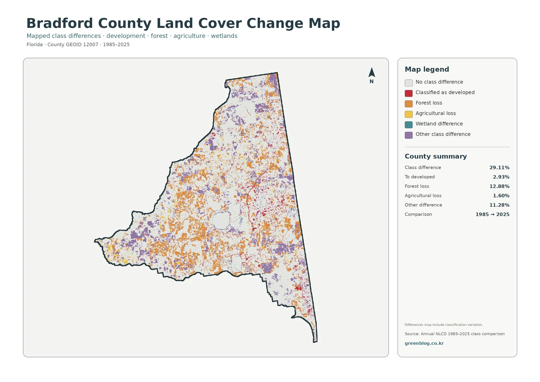 Bradford County 토지 피복 변화 지도