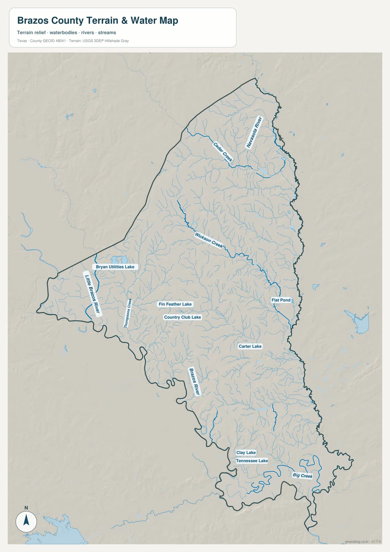 브라조스강, 나바소타강, Cedar Creek, Wickson Creek와 여러 호수를 표시한 브라조스 카운티 수역 지도