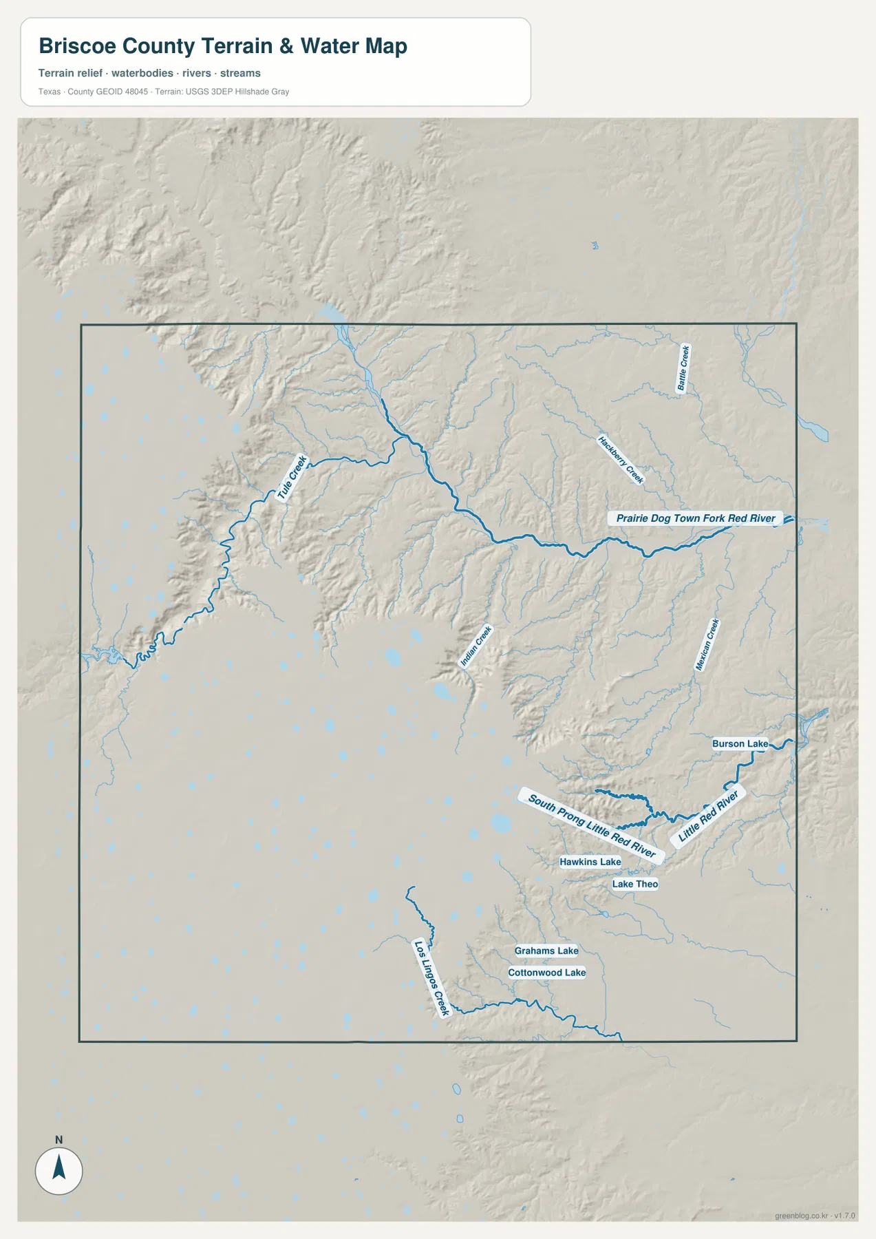 브리스코 카운티 수역 지도에 Prairie Dog Town Fork Red River와 Tule Creek, Little Red River 계통이 표시된 모습