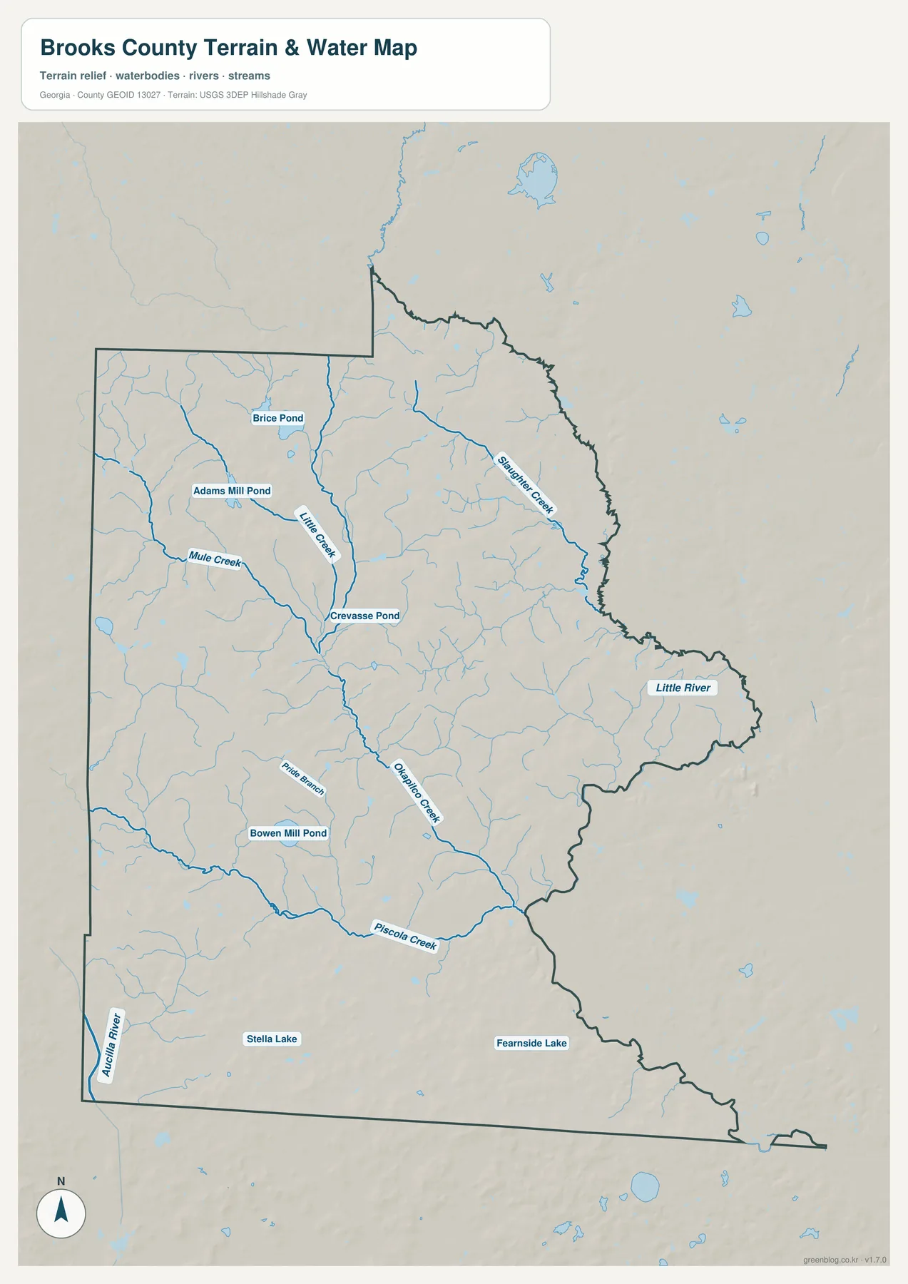 Little River, Okapilco Creek, Piscola Creek, Mule Creek, Little Creek과 여러 연못을 표시한 브룩스 카운티 수역 지도