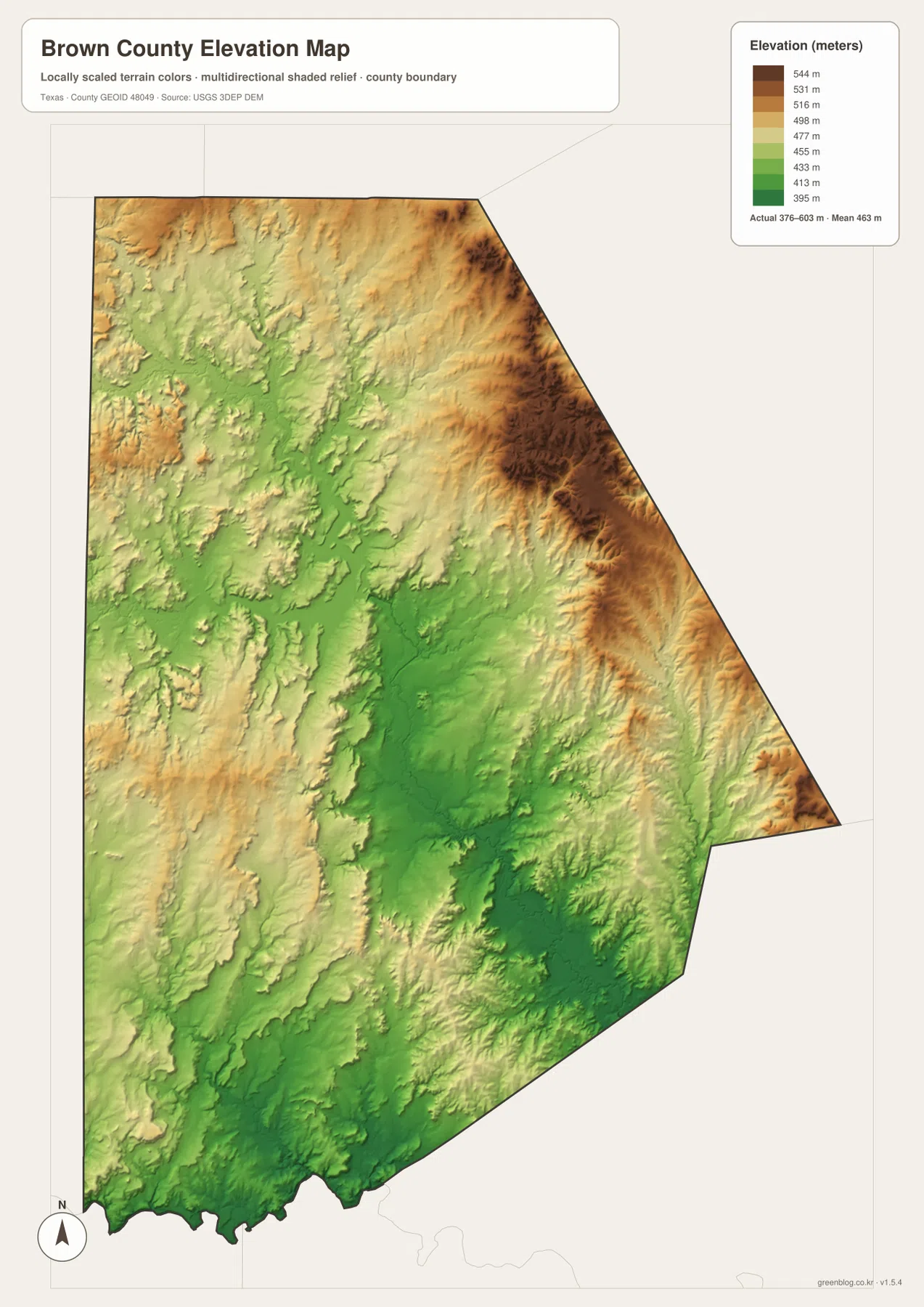 Brown County Texas의 약 376~603m 고도 범위와 동부·북동부의 높은 구릉, 중앙·남부의 낮은 지대를 나타낸 고도 지도