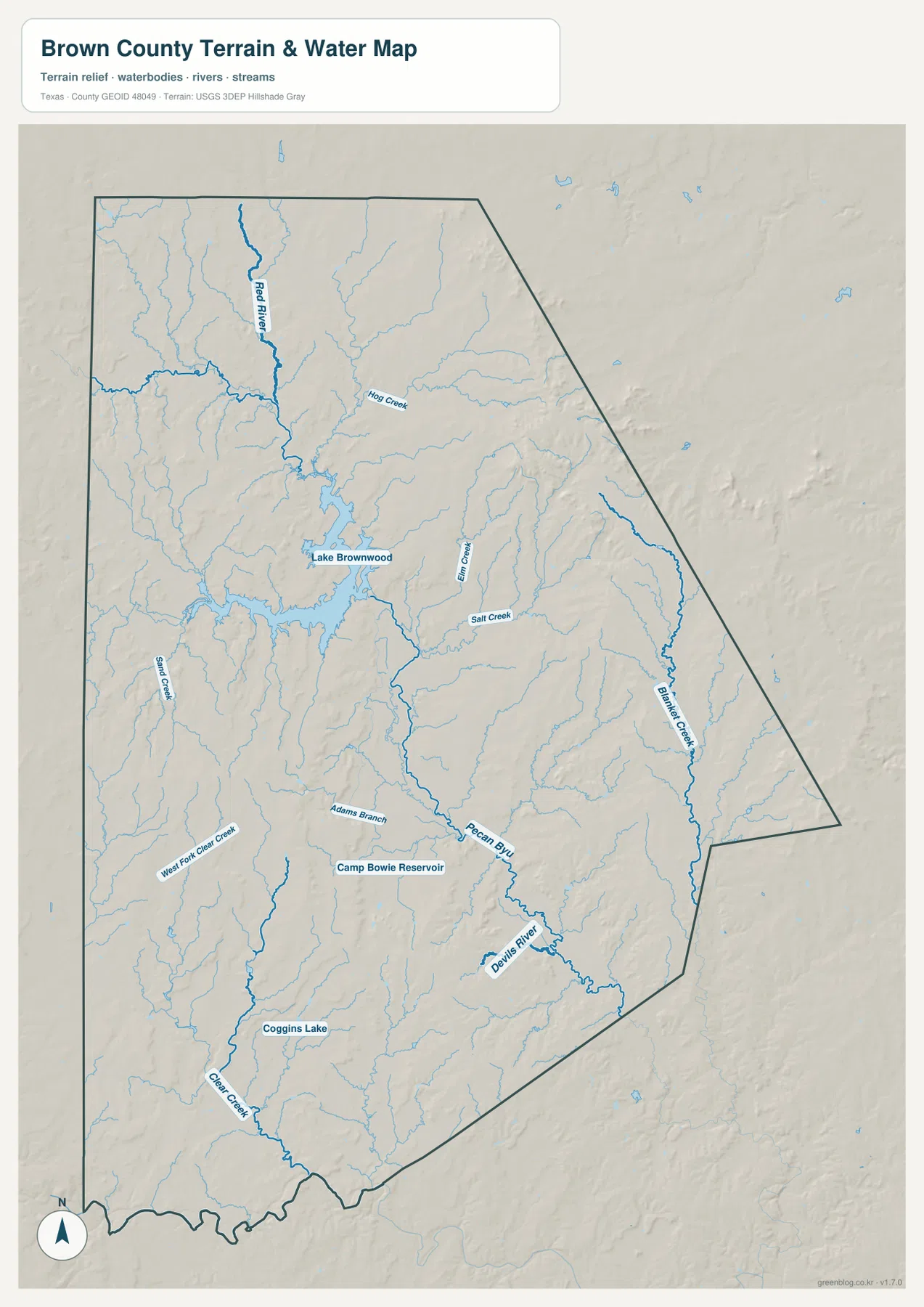 Brown County의 Lake Brownwood, Pecan Bayou, Camp Bowie Reservoir, Coggins Lake와 여러 지류를 표시한 수역 지도