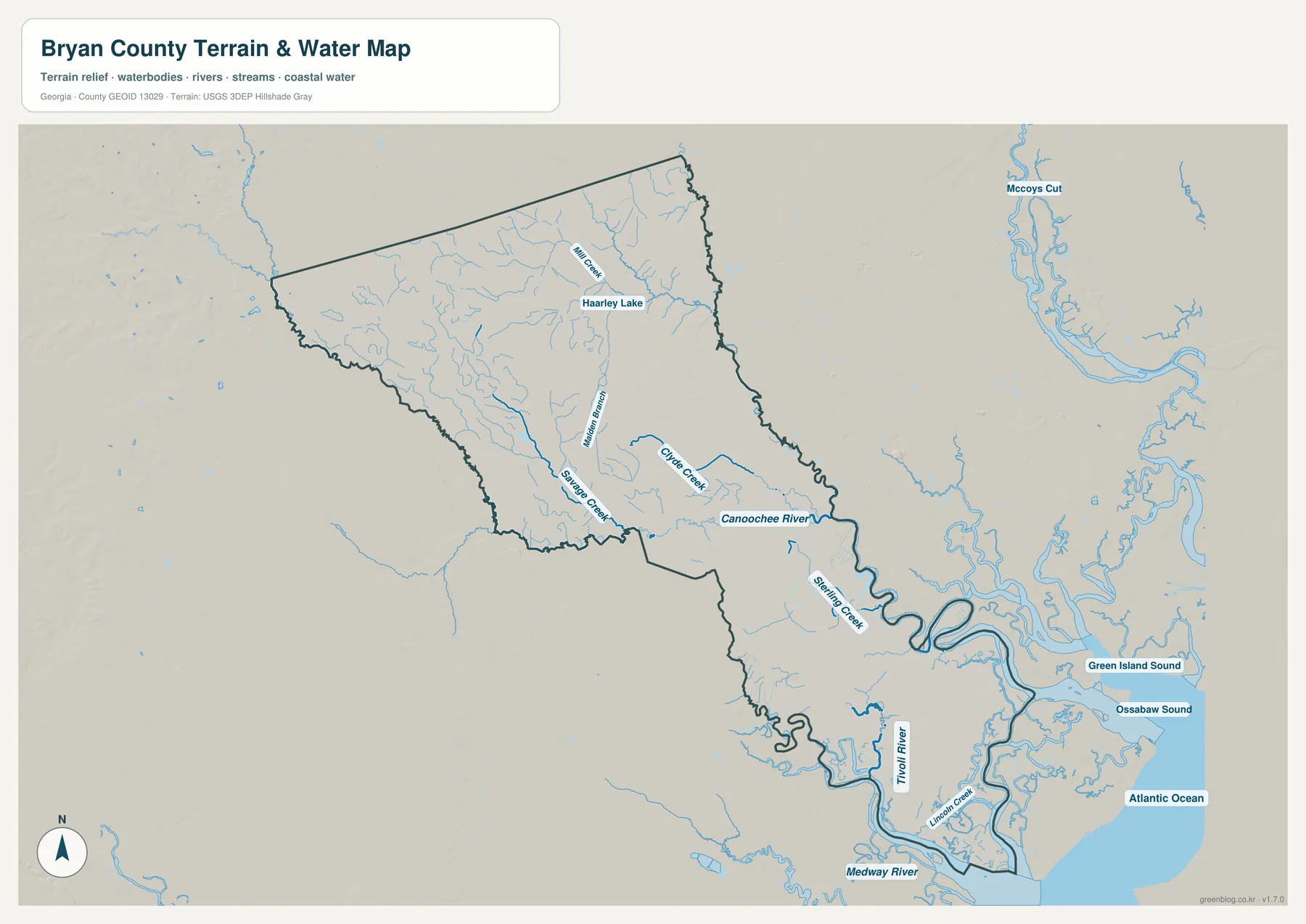 Canoochee River, Sterling Creek, Tivoli River, Medway River, Ossabaw Sound 등 브라이언 카운티의 강과 지류를 표시한 수역 지도