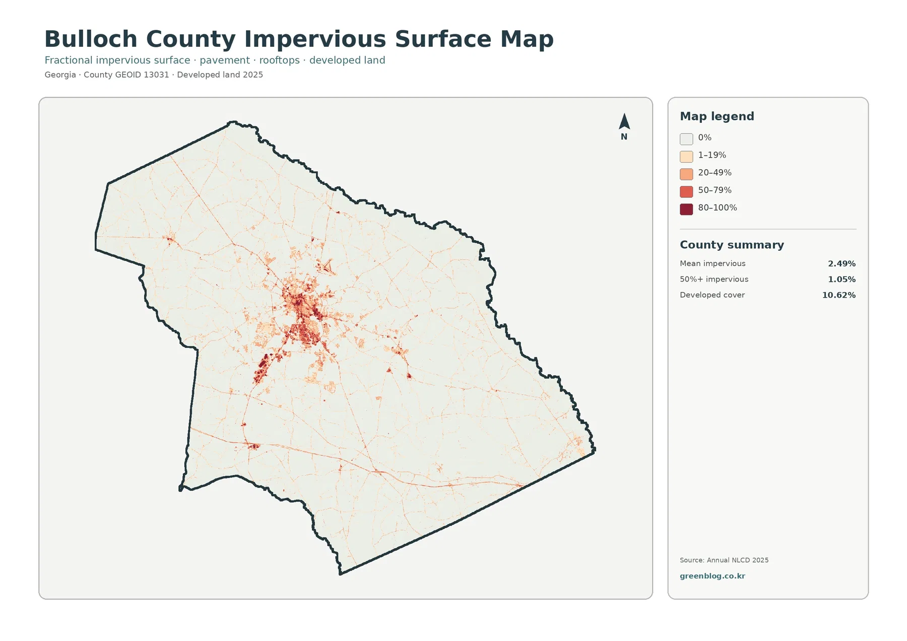 Bulloch County impervious surface and developed land map