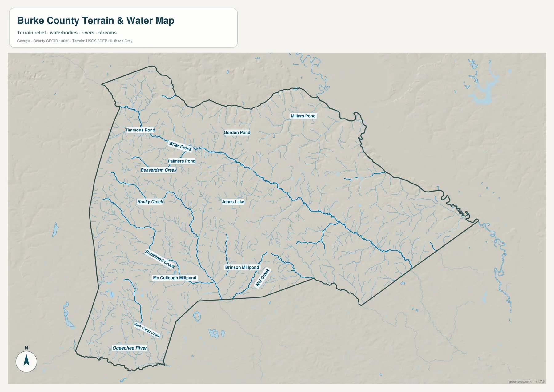 Brier Creek, Ogeechee River, Rocky Creek, Buckhead Creek, Mill Creek과 여러 연못을 표시한 버크 카운티 수역 지도