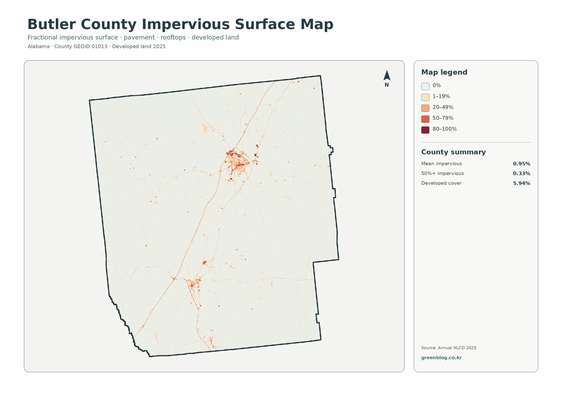 Butler County impervious surface and developed land map