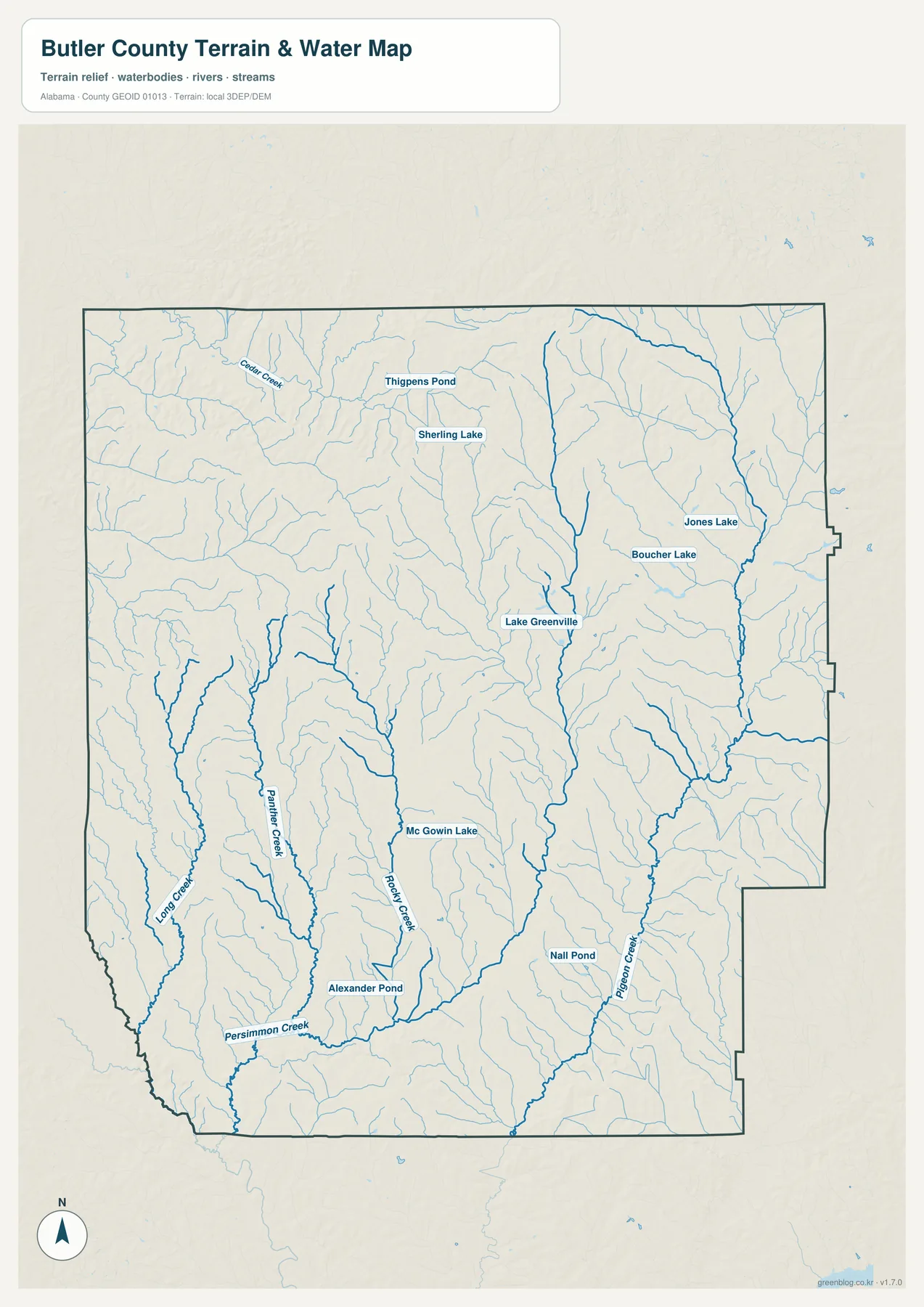 Pigeon Creek, Rocky Creek, Panther Creek와 여러 호수와 연못을 표시한 버틀러 카운티 수역 지도