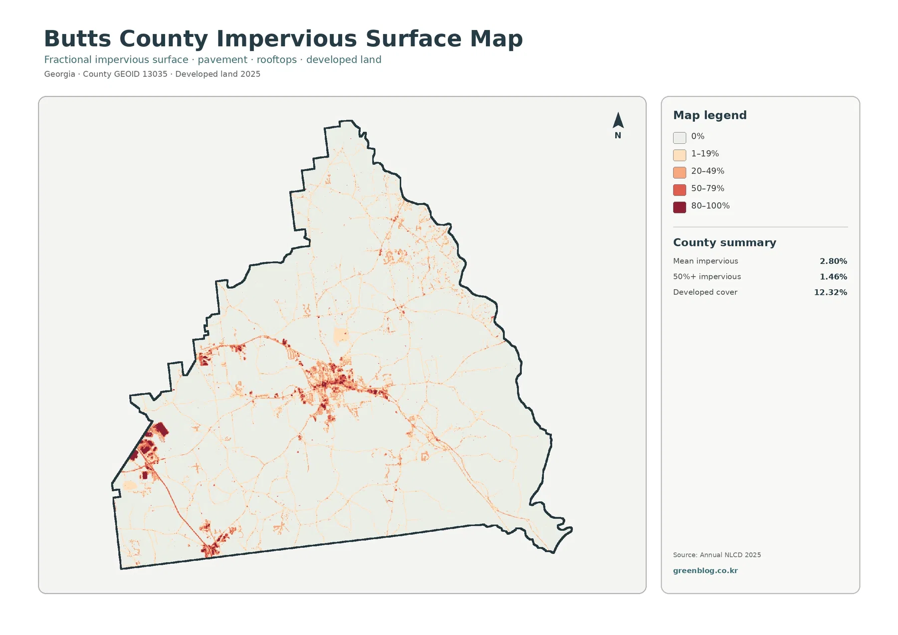 Butts County impervious surface and developed land map