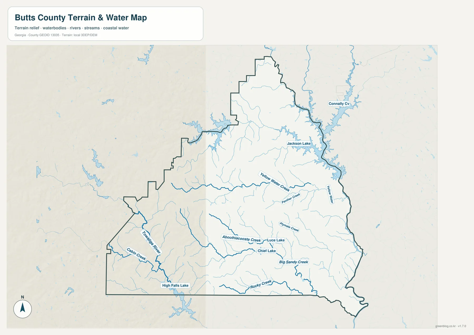 버츠 카운티 수역 지도에 표시된 잭슨호, Towaliga River, Yellow Water Creek, Panther Creek와 여러 하천