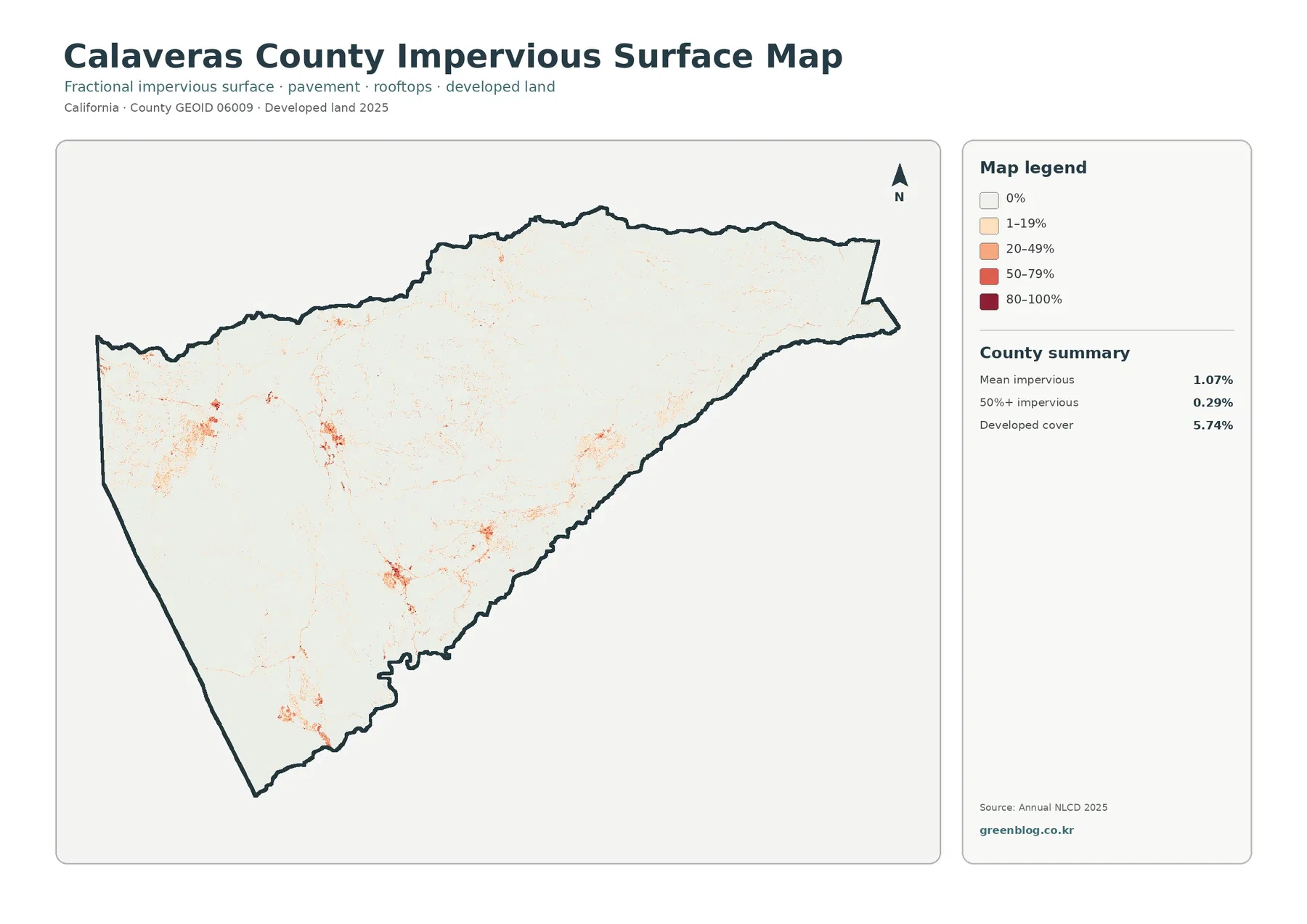 Calaveras County 불투수·개발지 지도