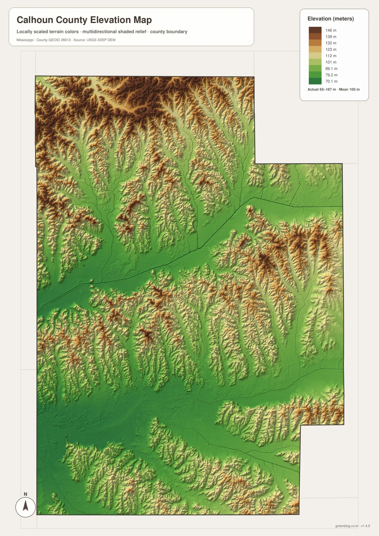 Calhoun County Mississippi elevation map showing hills and low river valleys from about 65 to 187 meters