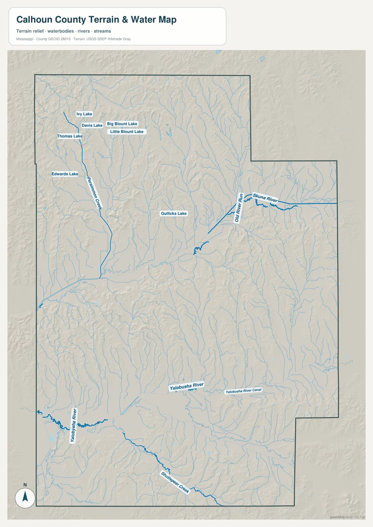 Calhoun County Mississippi water map with Skuna River, Yalobusha River, lakes and tributaries