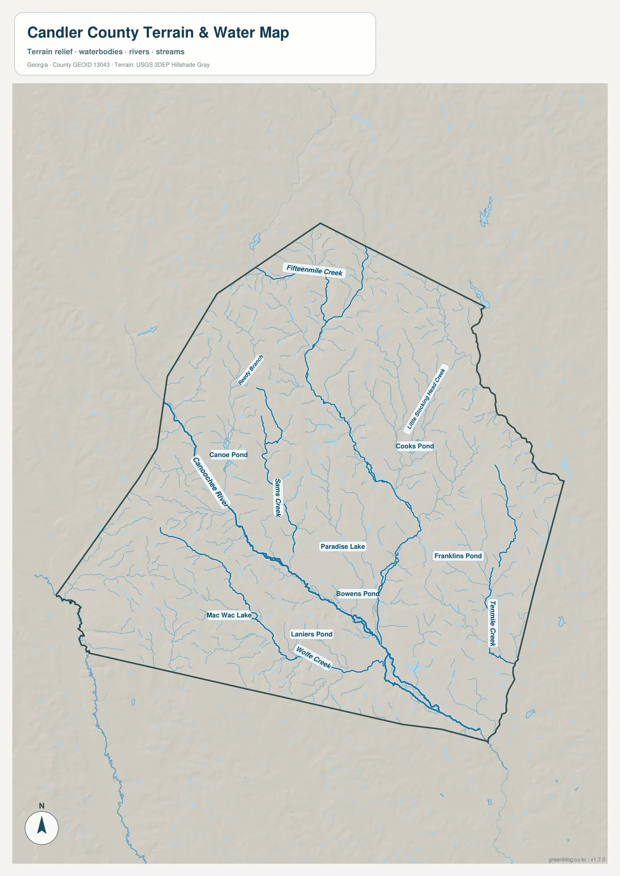 캔들러 카운티 수역 지도에 표시된 Fifteenmile Creek, Canoochee River와 주요 연못