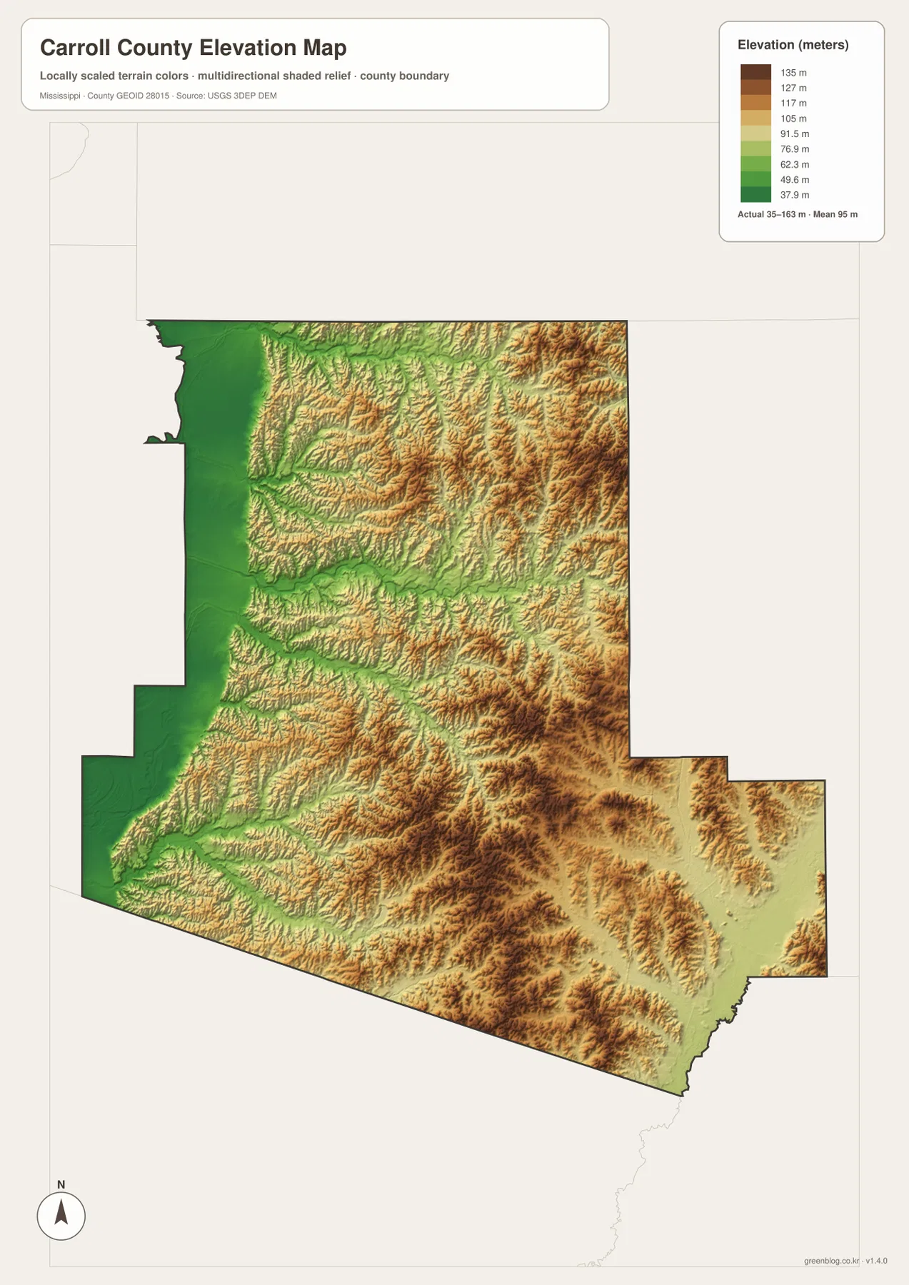 Carroll County elevation map showing lower western terrain and higher hills toward the east and southeast