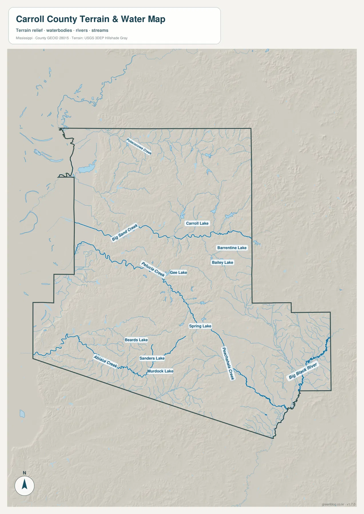 Carroll County terrain and water map showing Big Black River, Big Sand Creek, Pelucia Creek, and named lakes