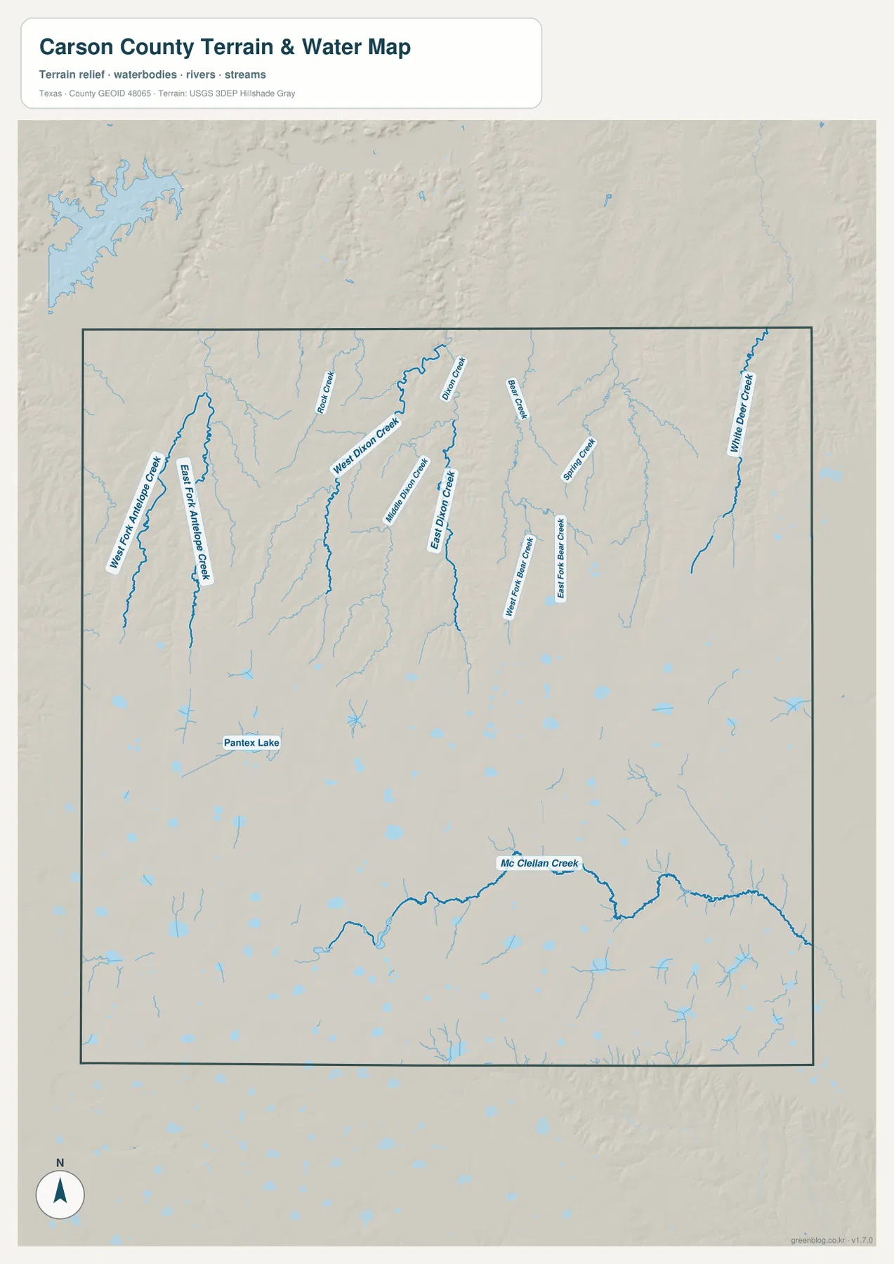 Antelope Creek, Dixon Creek, Bear Creek, White Deer Creek와 McClellan Creek를 표시한 카슨 카운티 수역 지도