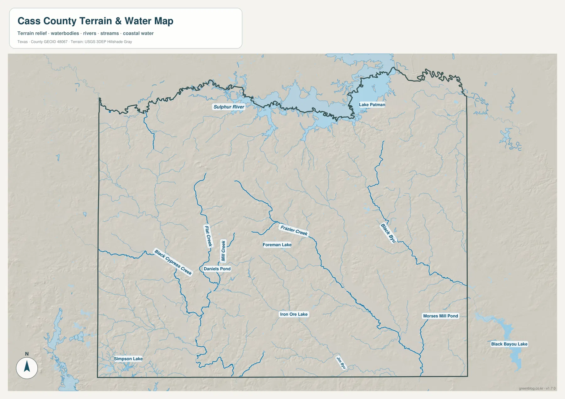 설퍼강, Black Cypress Creek, Frazier Creek, Black Bayou와 여러 호수를 표시한 캐스 카운티 수역 지도