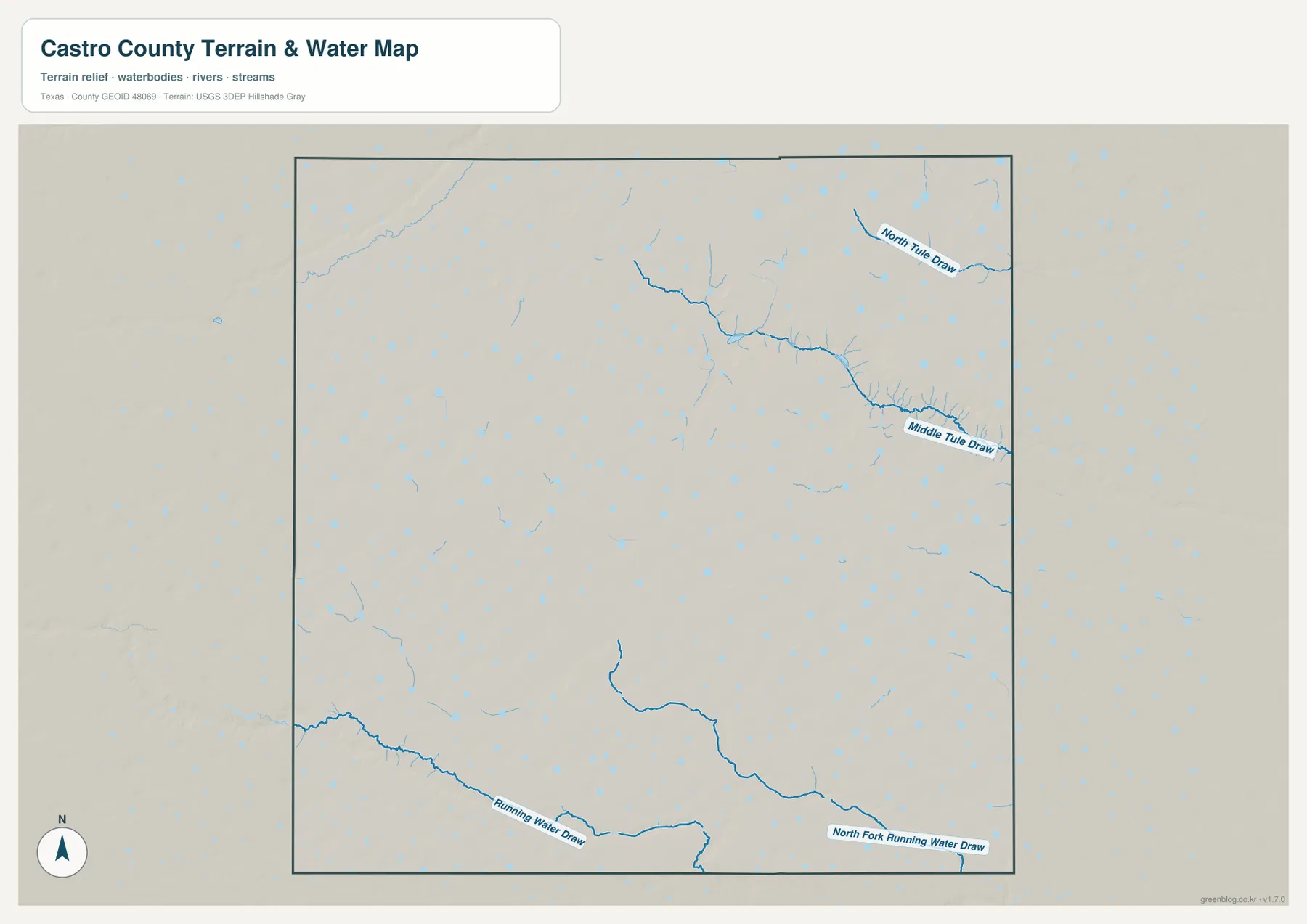 North Tule Draw, Middle Tule Draw, Running Water Draw와 플레이아 저지대를 표시한 캐스트로 카운티 수역 지도
