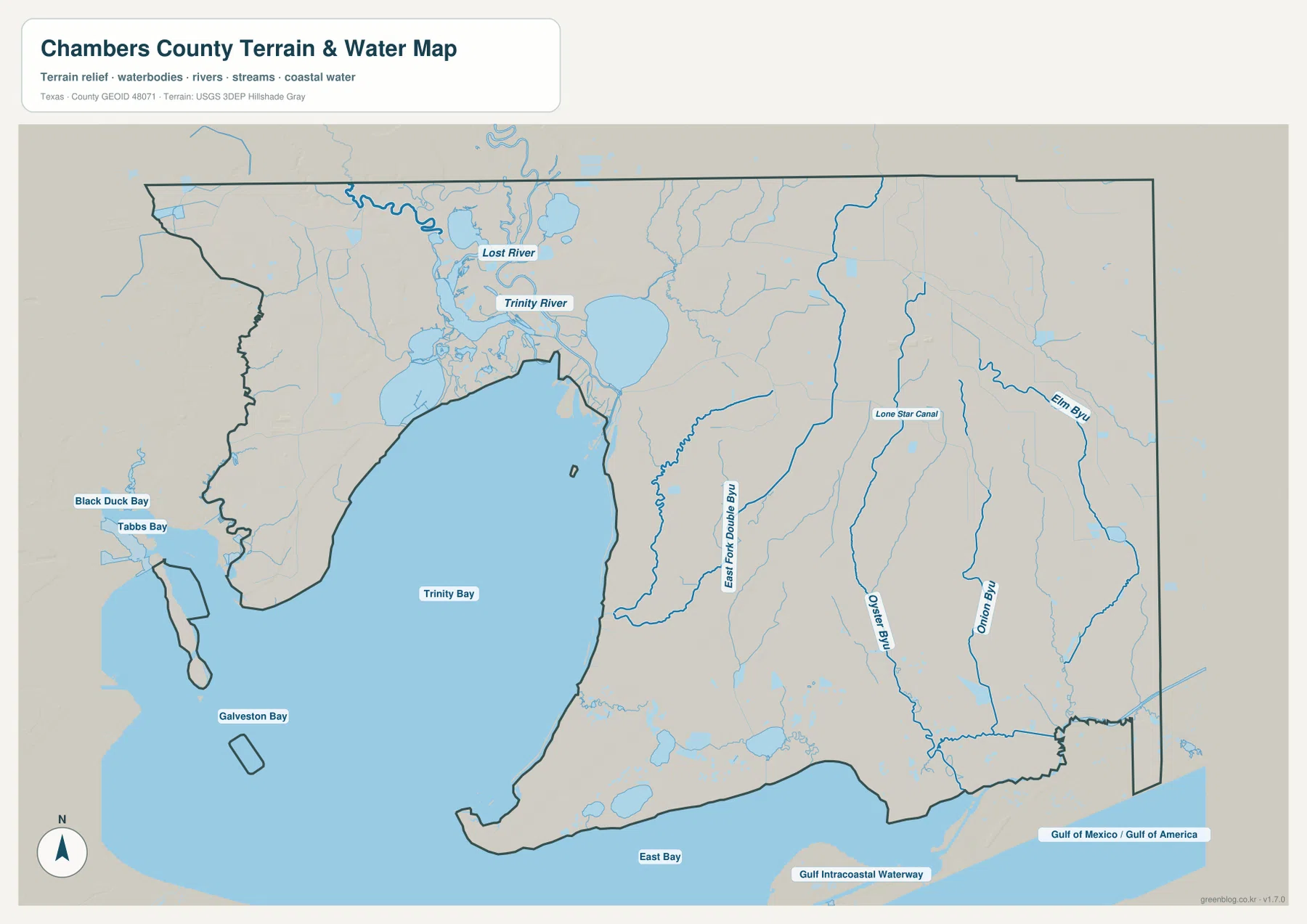 트리니티강, 트리니티만, East Bay, Double Bayou, Oyster Bayou와 Gulf Intracoastal Waterway를 표시한 체임버스 카운티 수역 지도