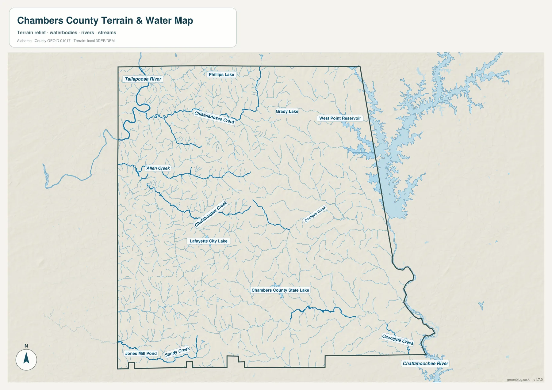 체임버스 카운티 Tallapoosa River West Point Reservoir Chattahoochee River 수역 지도